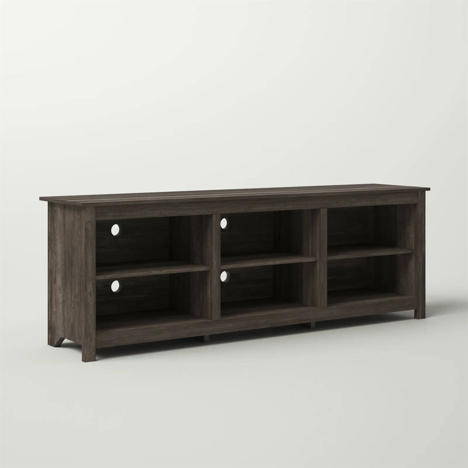 70-inch Dark Brown Wood TV Stand Entertainment Center for TV up to 78-inch with six open compartments for storage.