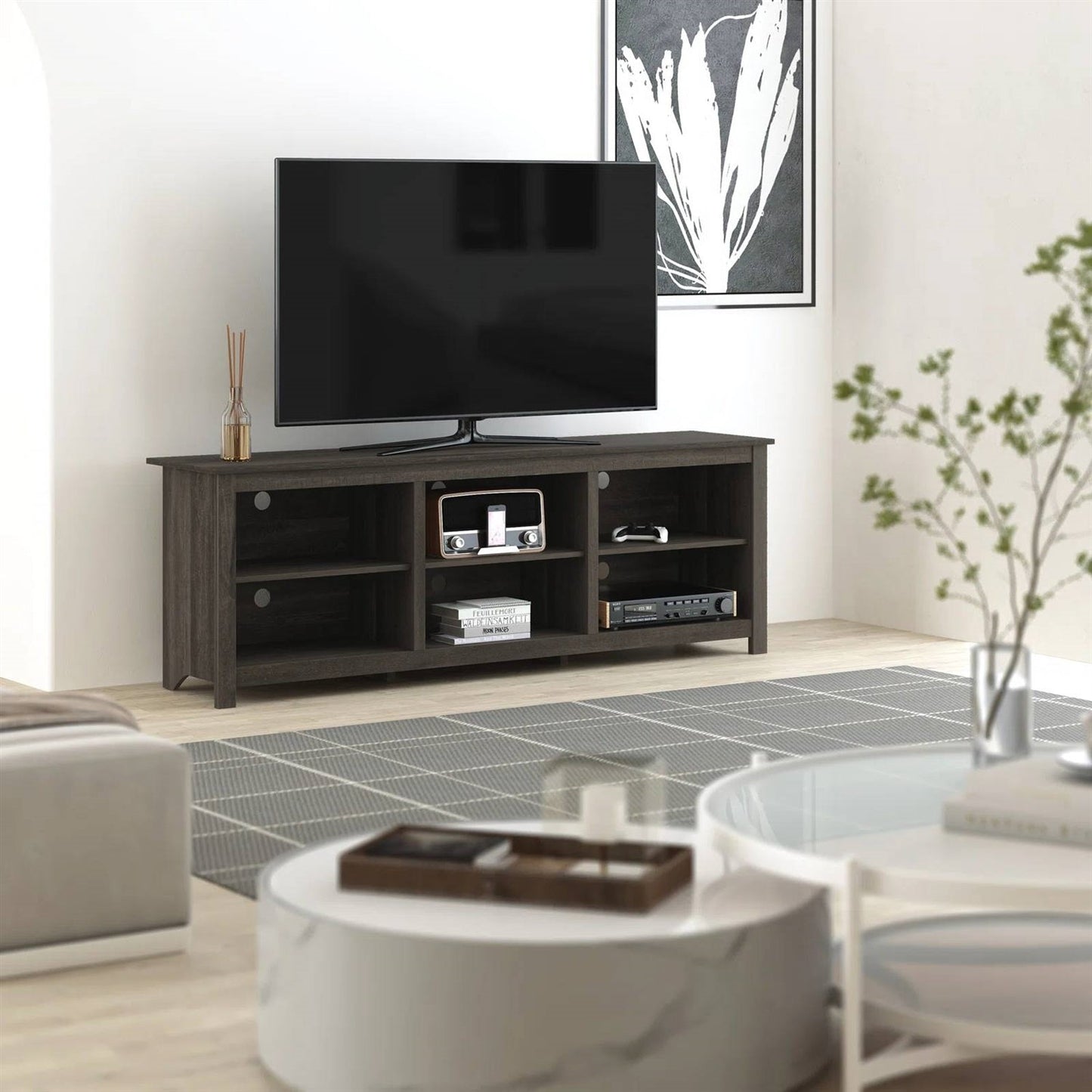 70-inch Dark Brown Wood TV Stand Entertainment Center for TV up to 78-inch in living room setting with decor