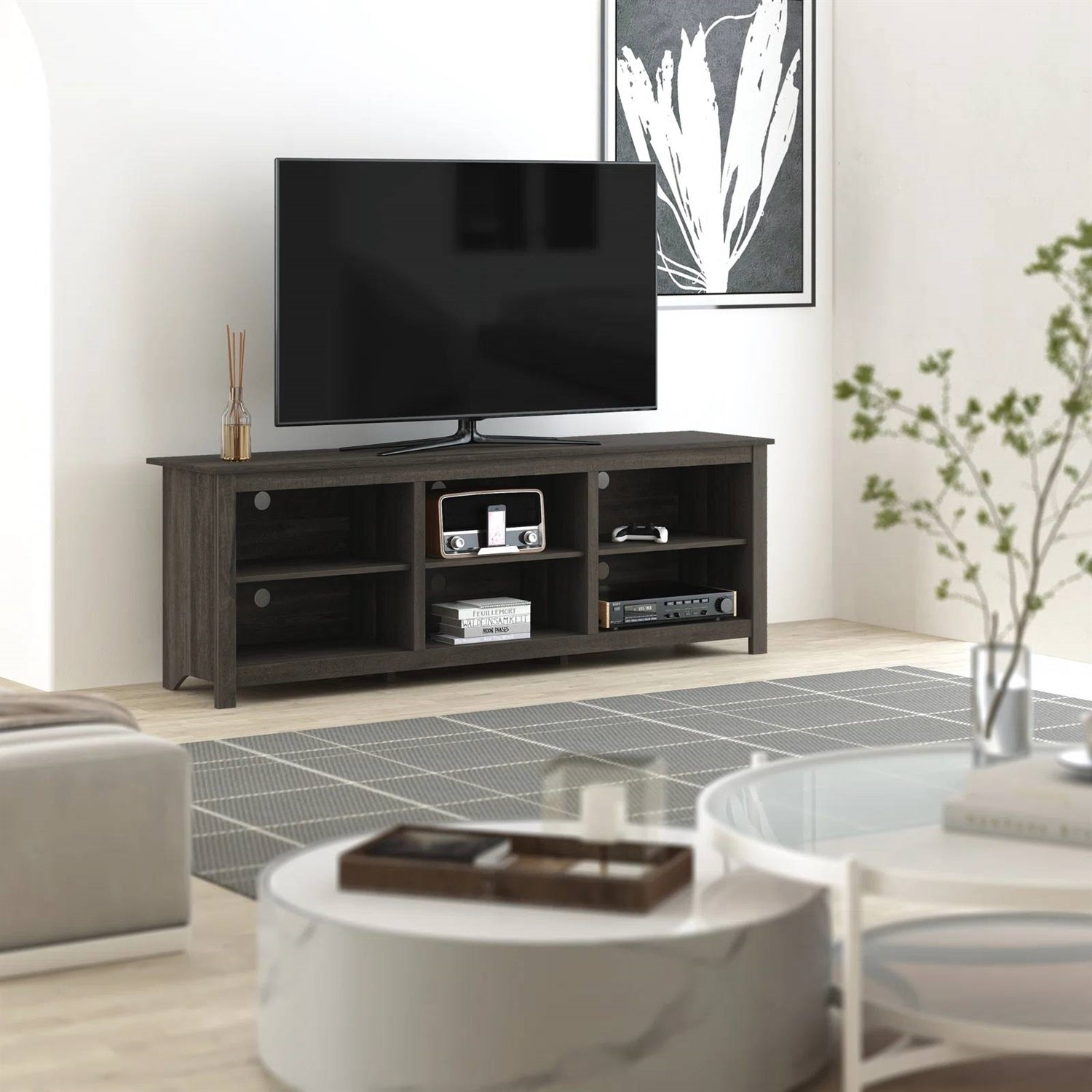 70-inch Dark Brown Wood TV Stand Entertainment Center for TV up to 78-inch in living room setting with decor