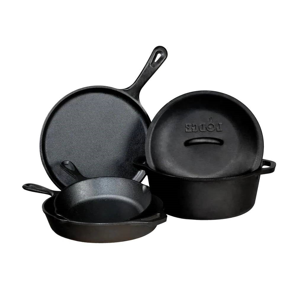 5-Piece Cast Iron Cookware Set with Dutch Oven Griddle and Skillets Made in USA featuring skillets and accessories