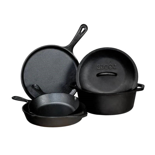 5-Piece Cast Iron Cookware Set with Dutch Oven Griddle and Skillets Made in USA featuring skillets and accessories