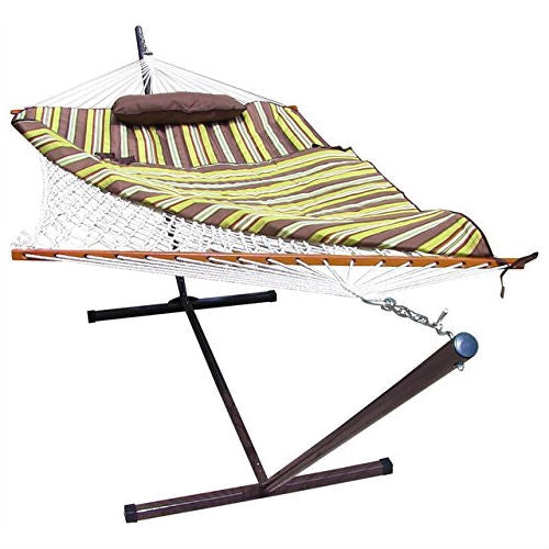 Rope Hammock Set with Stand Pad and Pillow 55 x 144-inch - Desert Stripe displayed with a sturdy brown stand and striped pad.