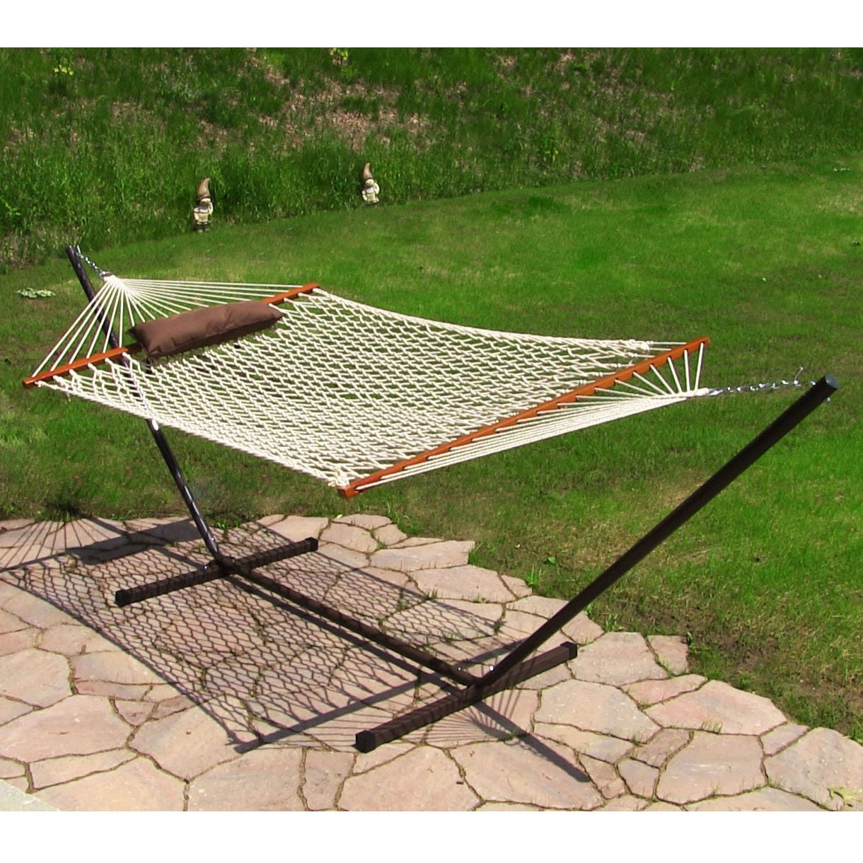 Rope Hammock Set with Stand Pad and Pillow 55 x 144-inch - Desert Stripe on patio