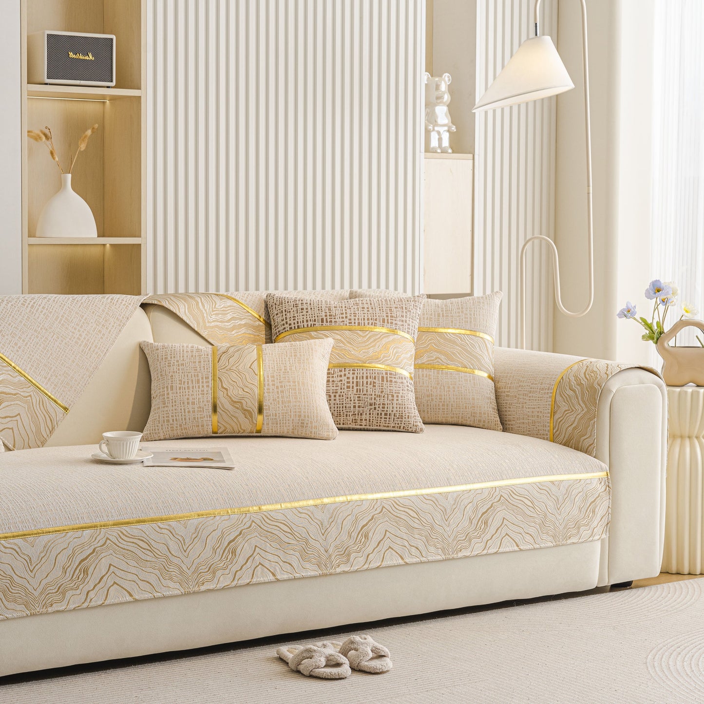 Modern Non-Slip Couch Slipcover, Soft, Durable & Washable Furniture Protector, showcases chenille fabric with gold marble-style trim.
