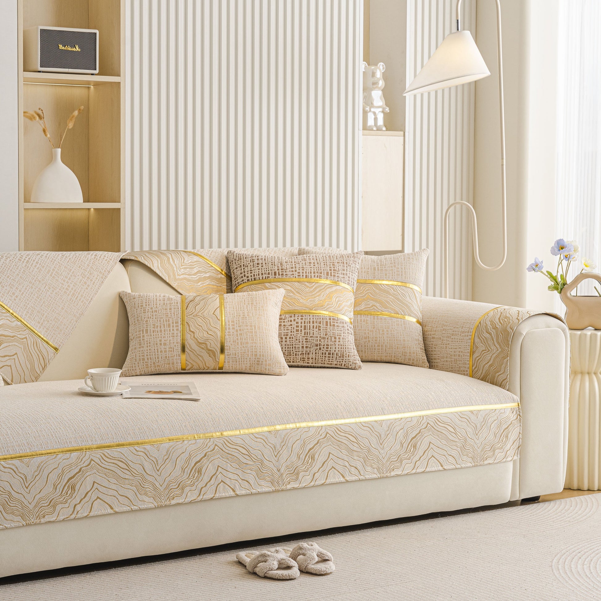 Modern Non-Slip Couch Slipcover, Soft, Durable & Washable Furniture Protector, showcases chenille fabric with gold marble-style trim.