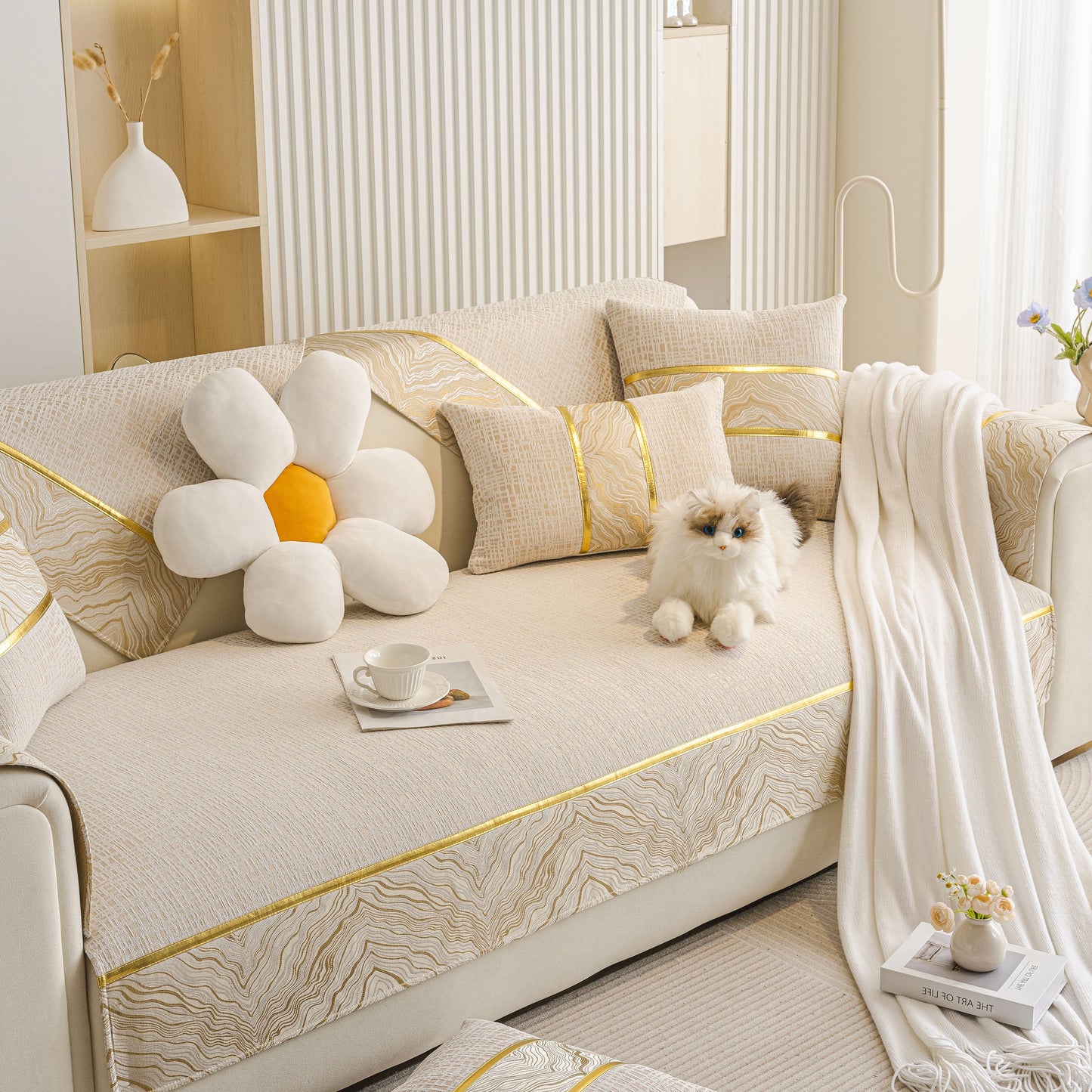 Modern Non-Slip Couch Slipcover, Soft, Durable & Washable Furniture Protector with gold trim on a stylish chenille couch.