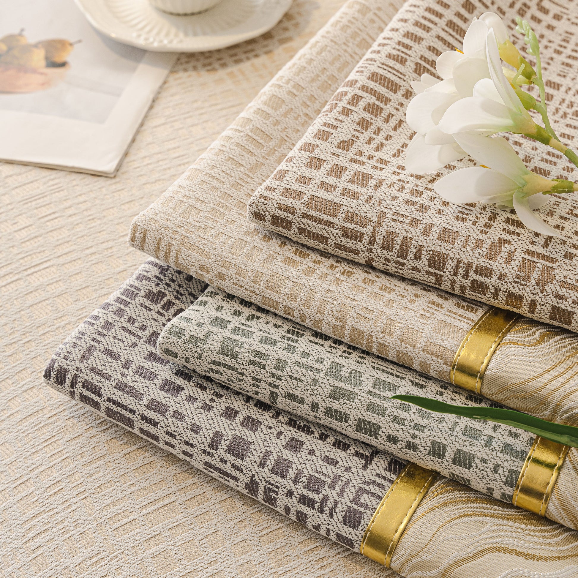 Modern Non-Slip Couch Slipcover, Soft, Durable & Washable Furniture Protector with gold marble-style trim and chenille fabric.