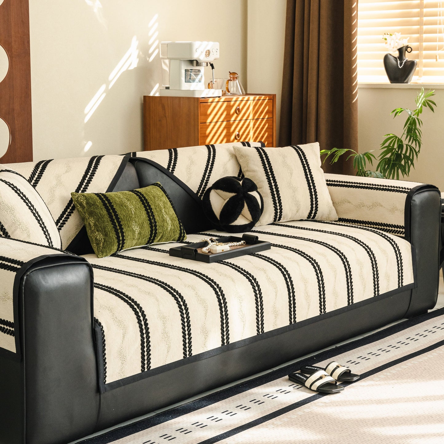 Non-Slip Sofa Cover with Thick Chenille Texture Woven Stripe Couch Protector Throw on leather sofa in modern living room
