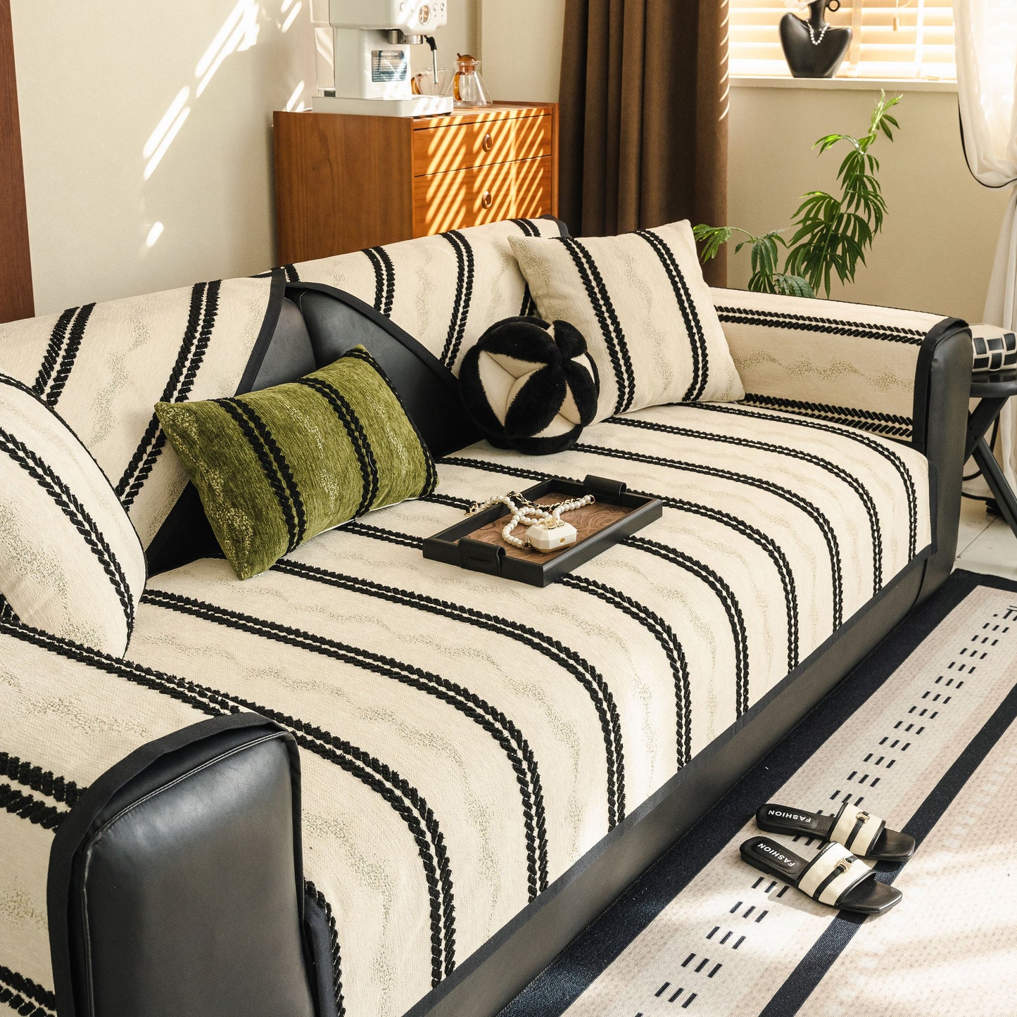 Non-Slip Sofa Cover with Thick Chenille Texture Woven Stripe Couch Protector Throw displayed on modern living room sofa
