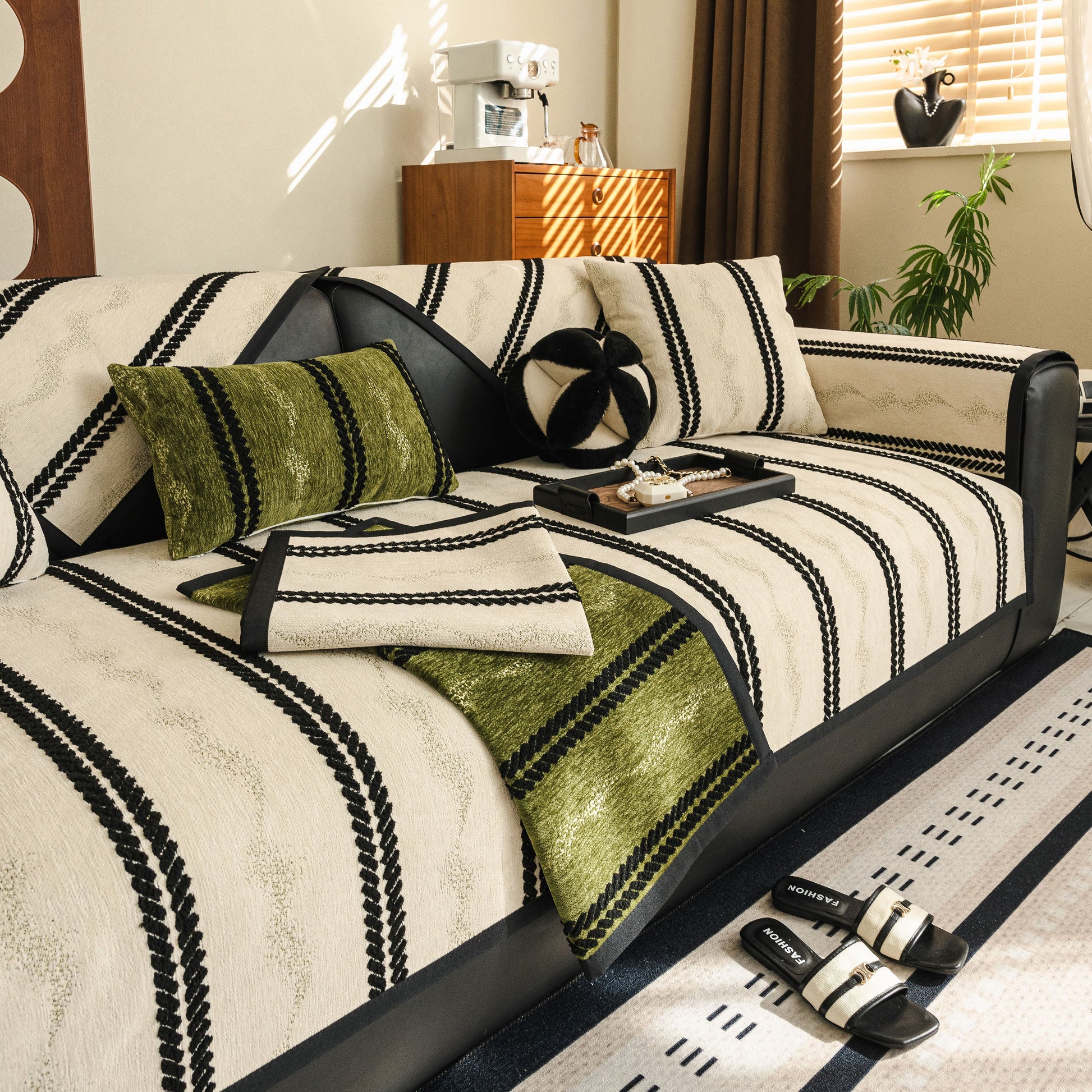 Non-Slip Sofa Cover with Thick Chenille Texture Woven Stripe Couch Protector Throw on modern sofa