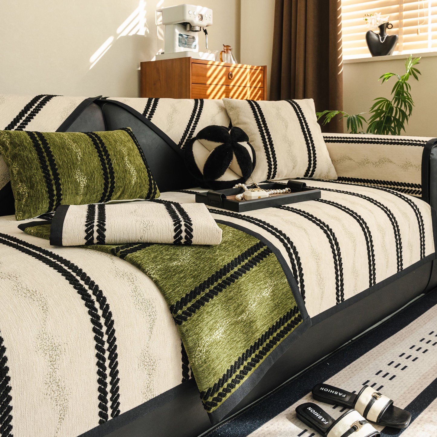 Non-Slip Sofa Cover with Thick Chenille Texture Woven Stripe Couch Protector Throw in a living room setting