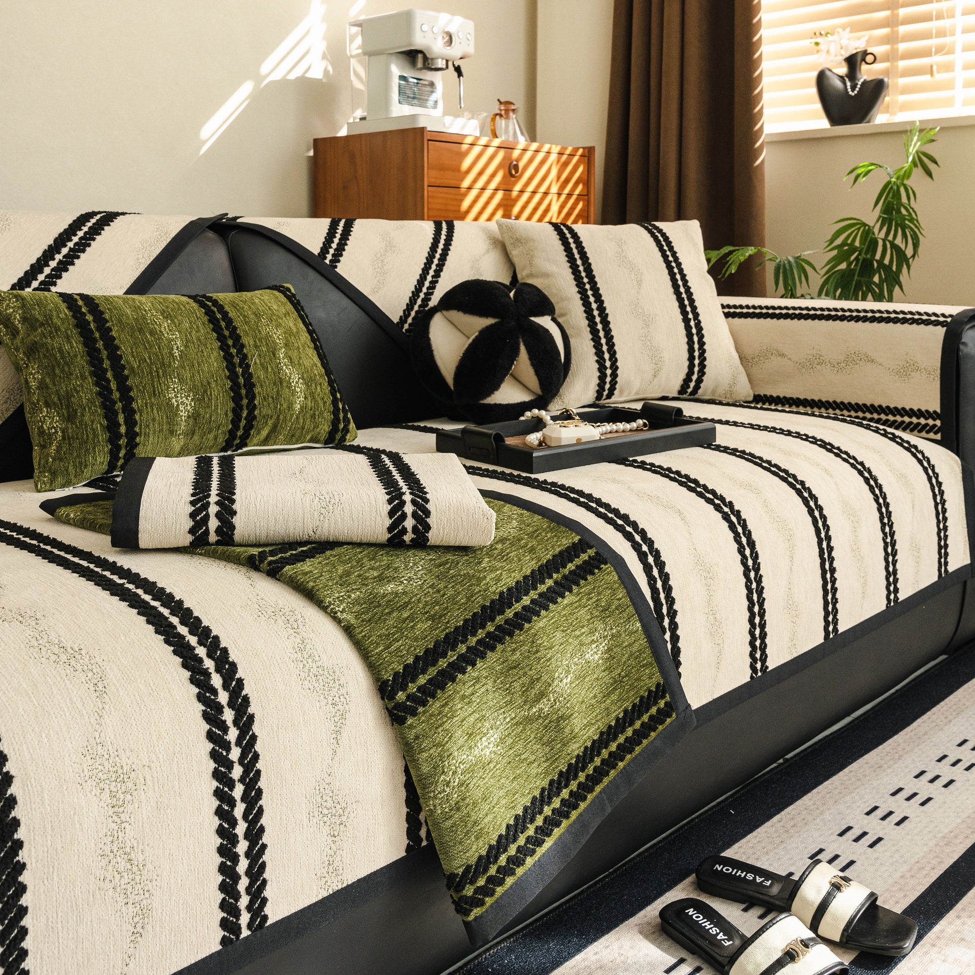 Non-Slip Sofa Cover with Thick Chenille Texture Woven Stripe Couch Protector Throw in a living room setting