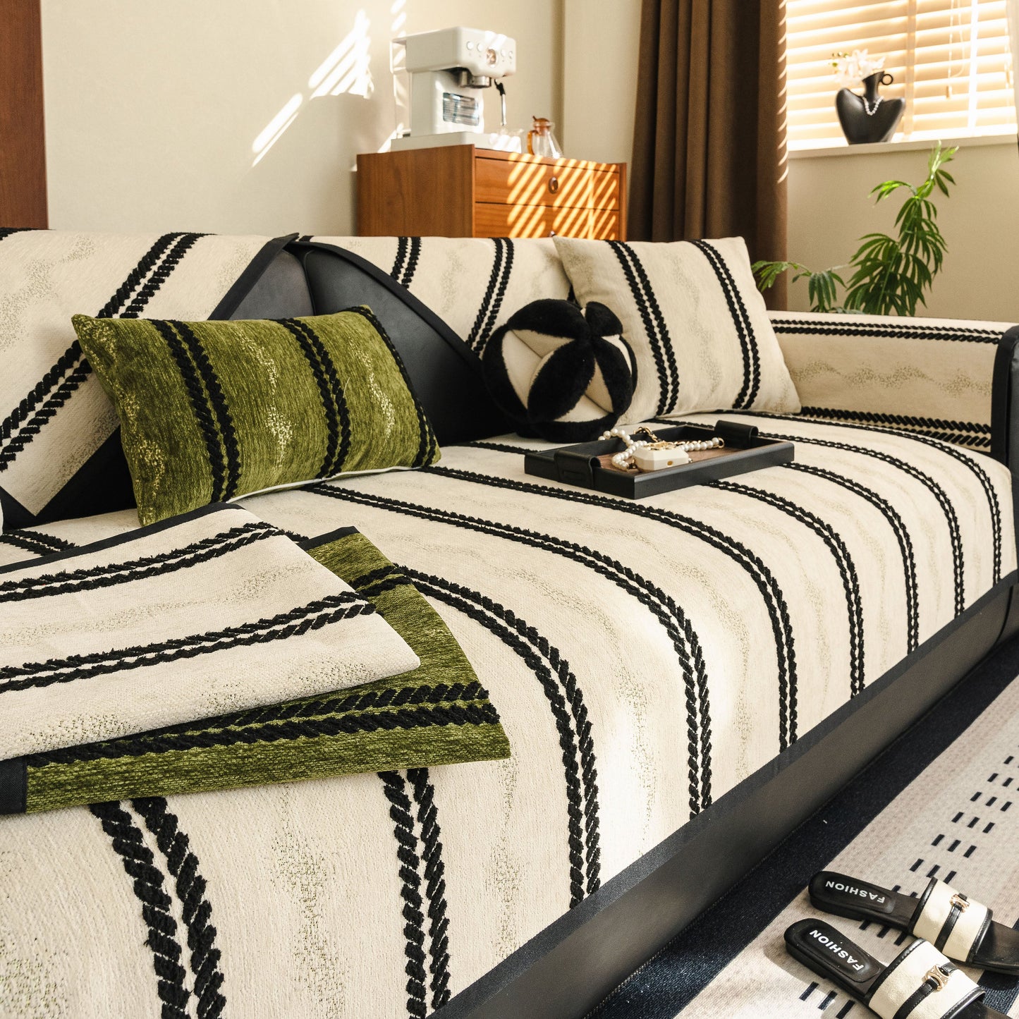 Non-Slip Sofa Cover with Thick Chenille Texture Woven Stripe Couch Protector Throw on stylish sofa with decor.