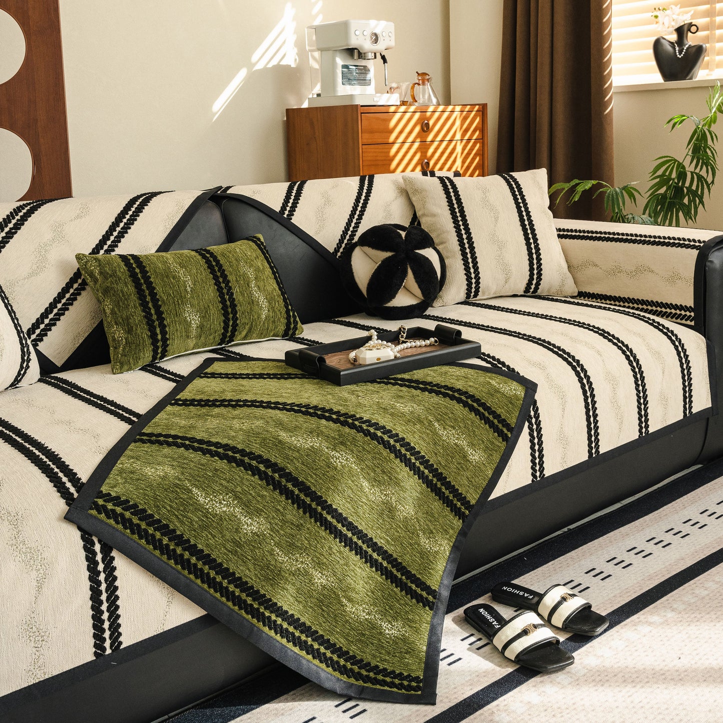 Non-Slip Sofa Cover with Thick Chenille Texture Woven Stripe Couch Protector Throw in living room setting