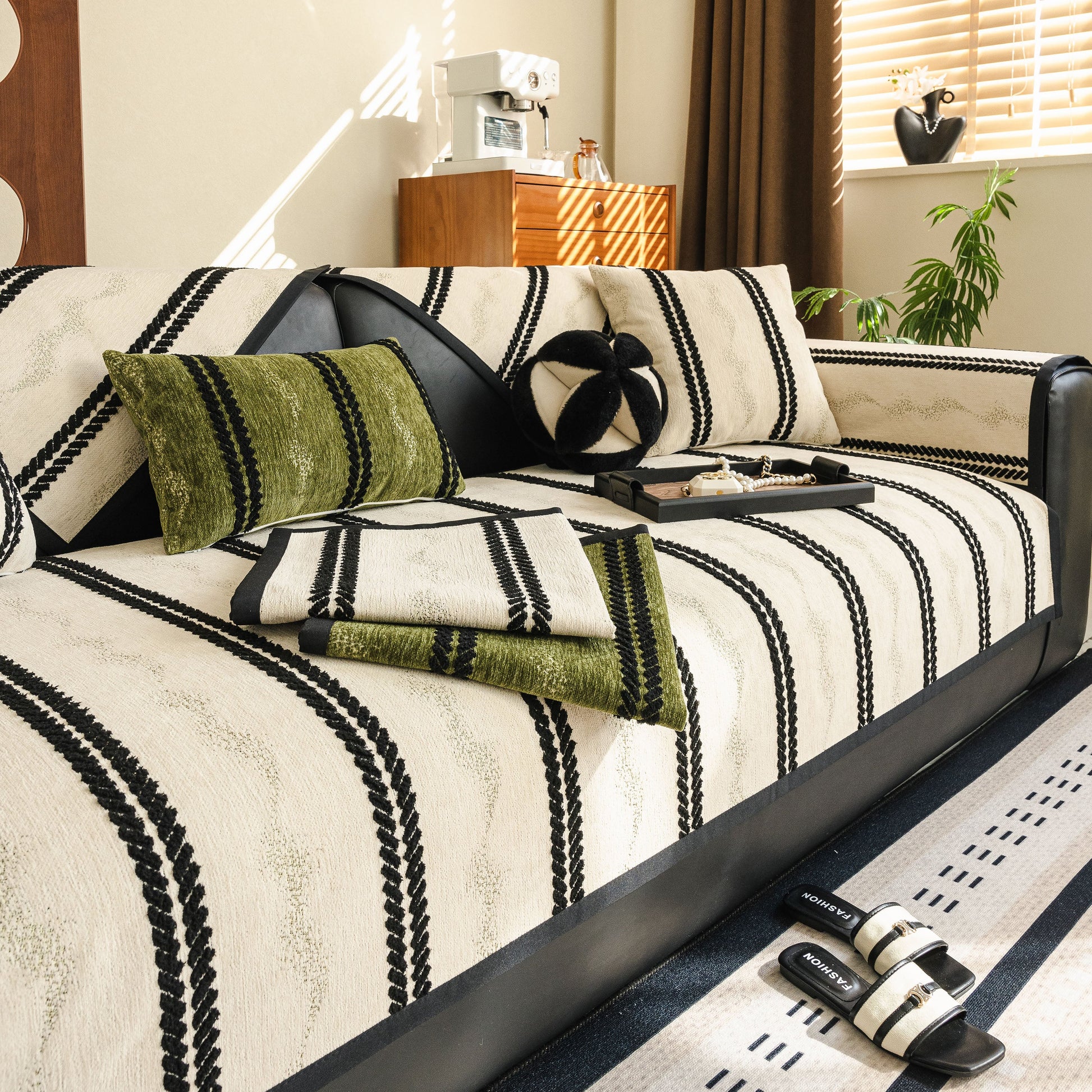 Non-Slip Sofa Cover with Thick Chenille Texture Woven Stripe Couch Protector Throw on modern living room sofa with decor