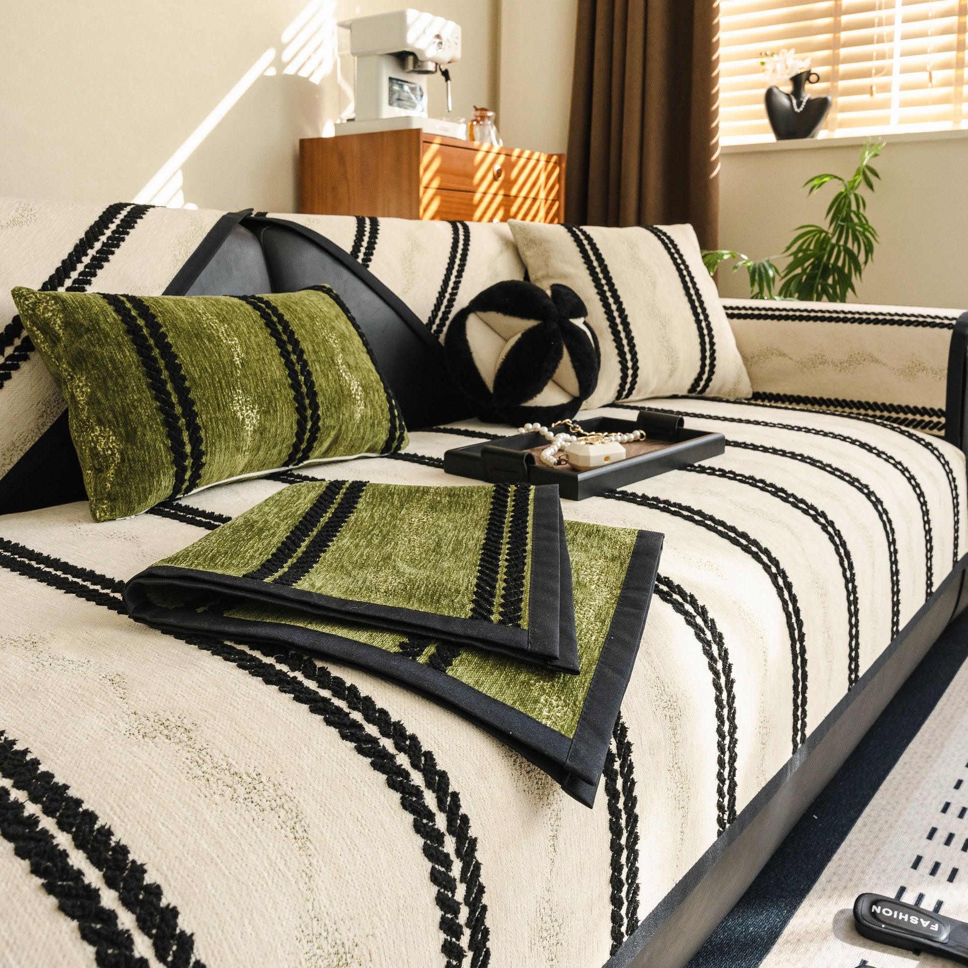 Non-Slip Sofa Cover with Thick Chenille Texture Woven Stripe Couch Protector Throw on living room sofa