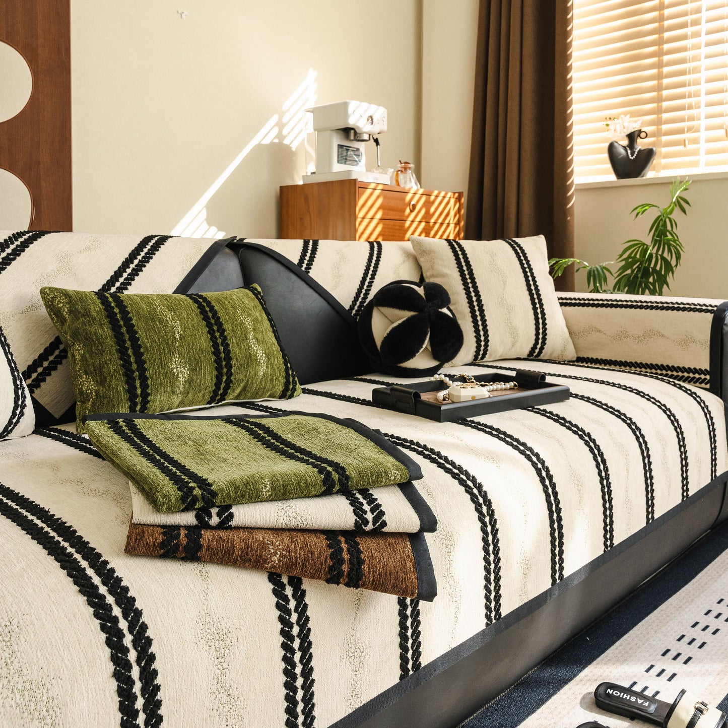 Non-Slip Sofa Cover with Thick Chenille Texture Woven Stripe Couch Protector Throw in modern living room.