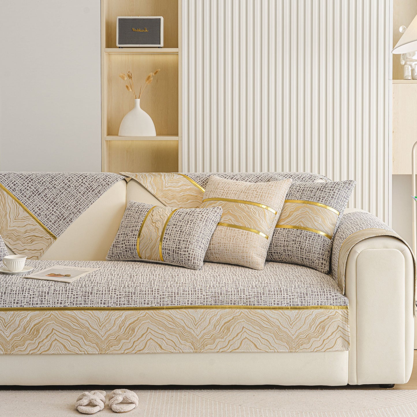 Modern Non-Slip Couch Slipcover, Soft, Durable & Washable Furniture Protector with chenille fabric and gold marble-style trim on sofa