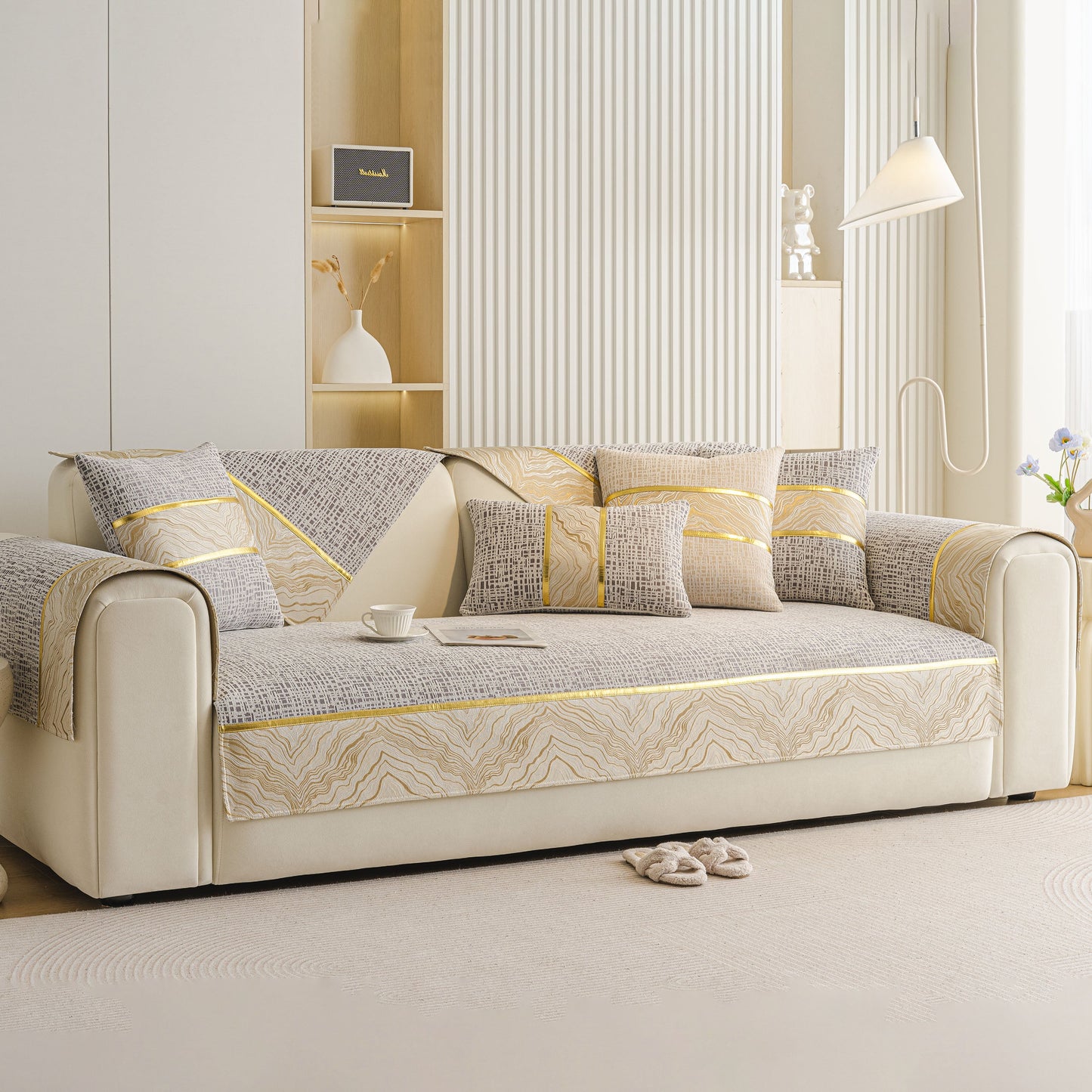 Modern Non-Slip Couch Slipcover, Soft, Durable & Washable Furniture Protector with elegant gold marble trim on a chenille sofa.