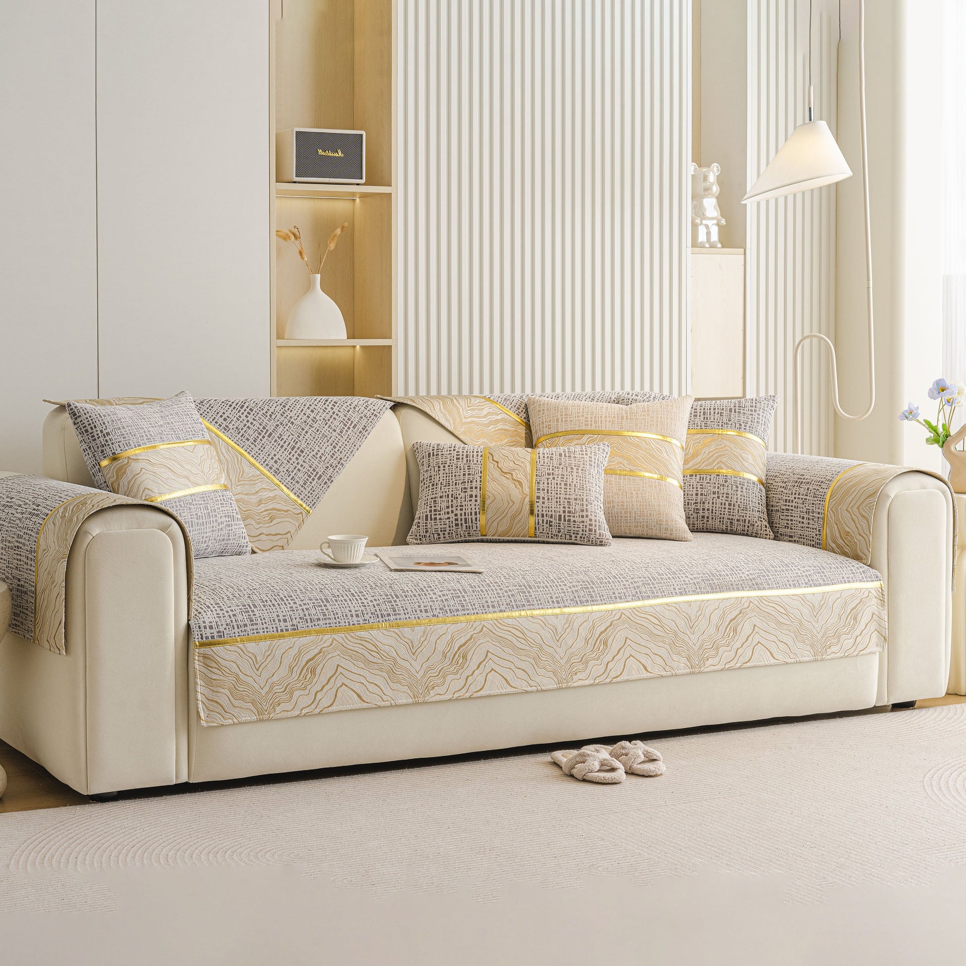 Modern Non-Slip Couch Slipcover, Soft, Durable & Washable Furniture Protector with elegant gold marble trim on a chenille sofa.