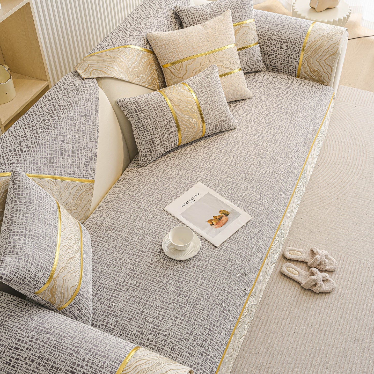 Modern Non-Slip Couch Slipcover, Soft, Durable & Washable Furniture Protector with gold marble-style trim on chenille fabric