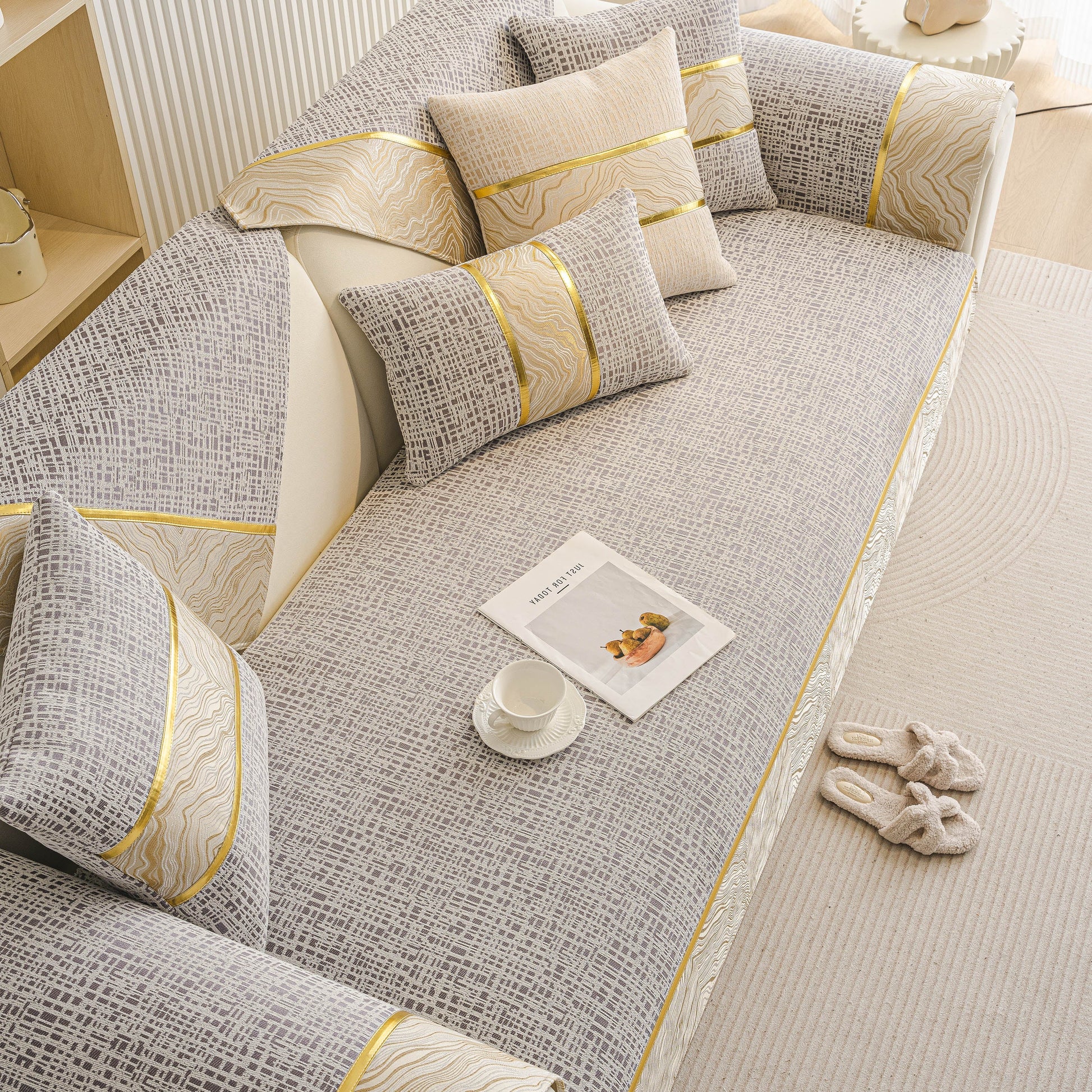 Modern Non-Slip Couch Slipcover, Soft, Durable & Washable Furniture Protector with gold marble-style trim on chenille fabric