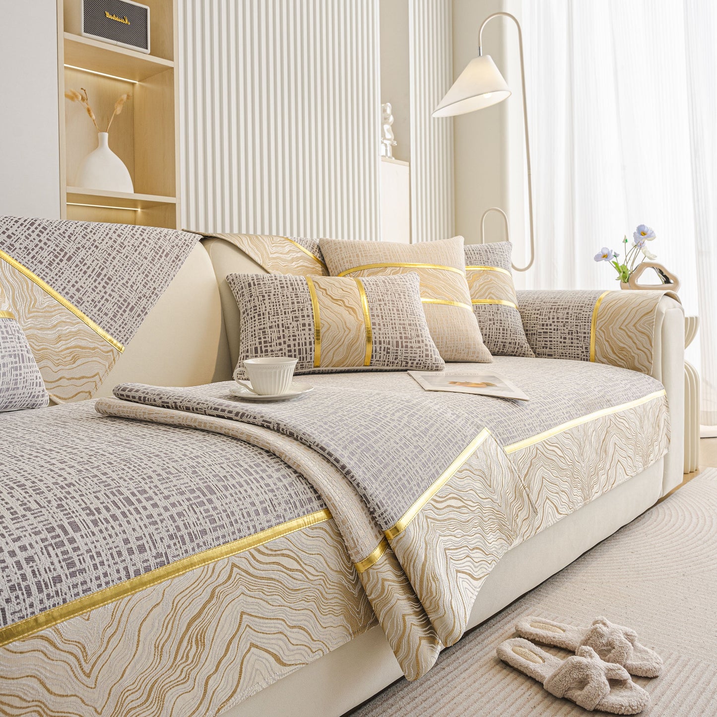 Modern Non-Slip Couch Slipcover, Soft, Durable & Washable Furniture Protector with gold marble trim on a cozy chenille sofa cover.