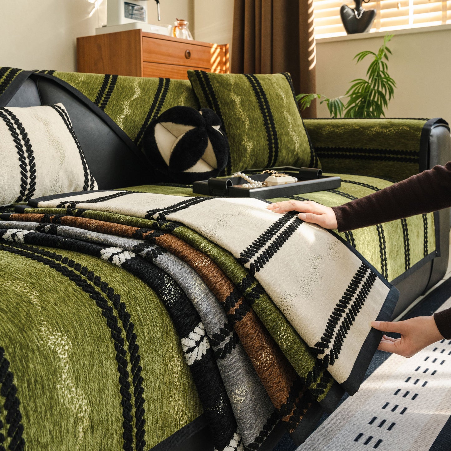 Non-Slip Sofa Cover with Thick Chenille Texture Woven Stripe Couch Protector Throw in living room setting with pillows and textured fabric.