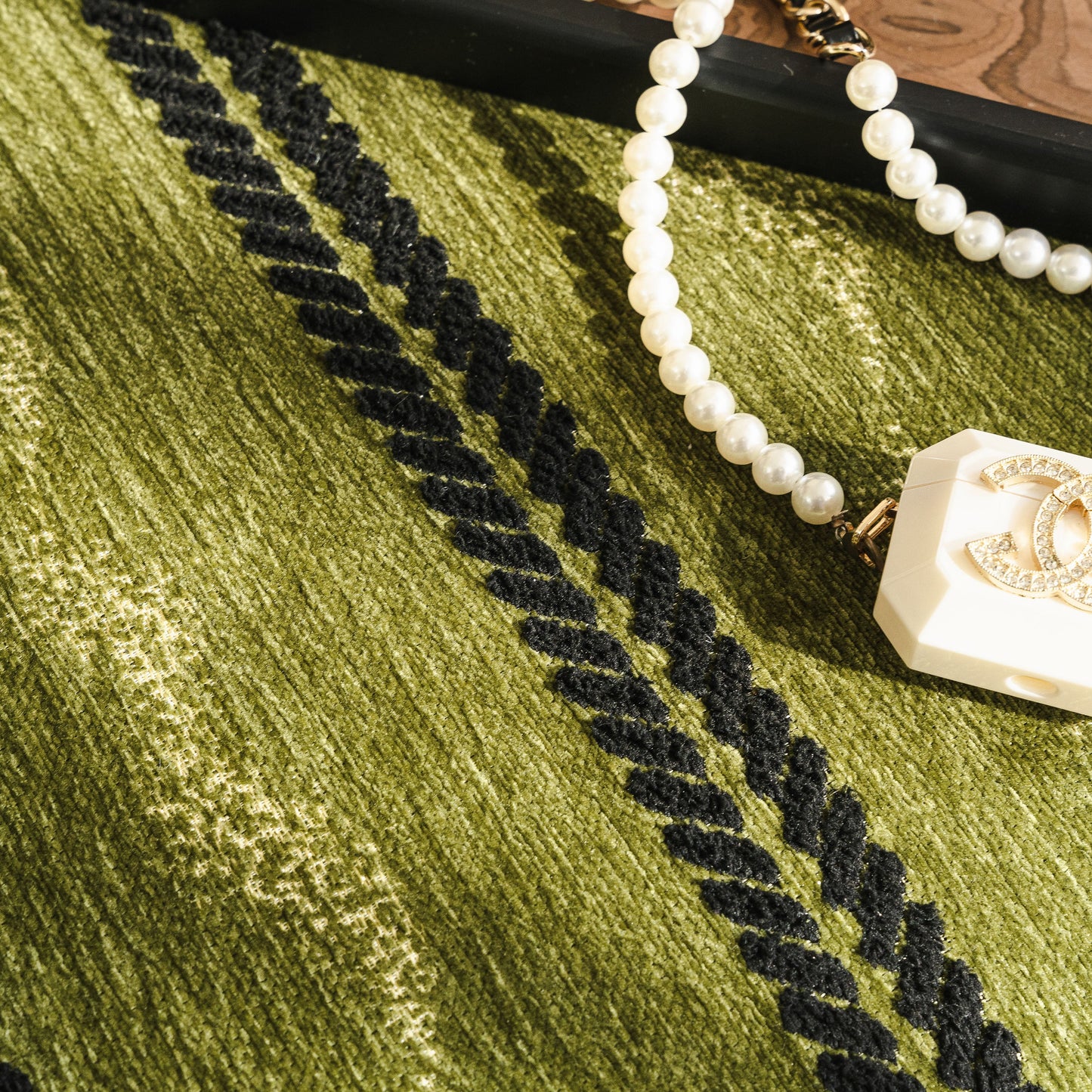 Non-Slip Sofa Cover with Thick Chenille Texture Woven Stripe Couch Protector Throw in green with 3D woven trim detail