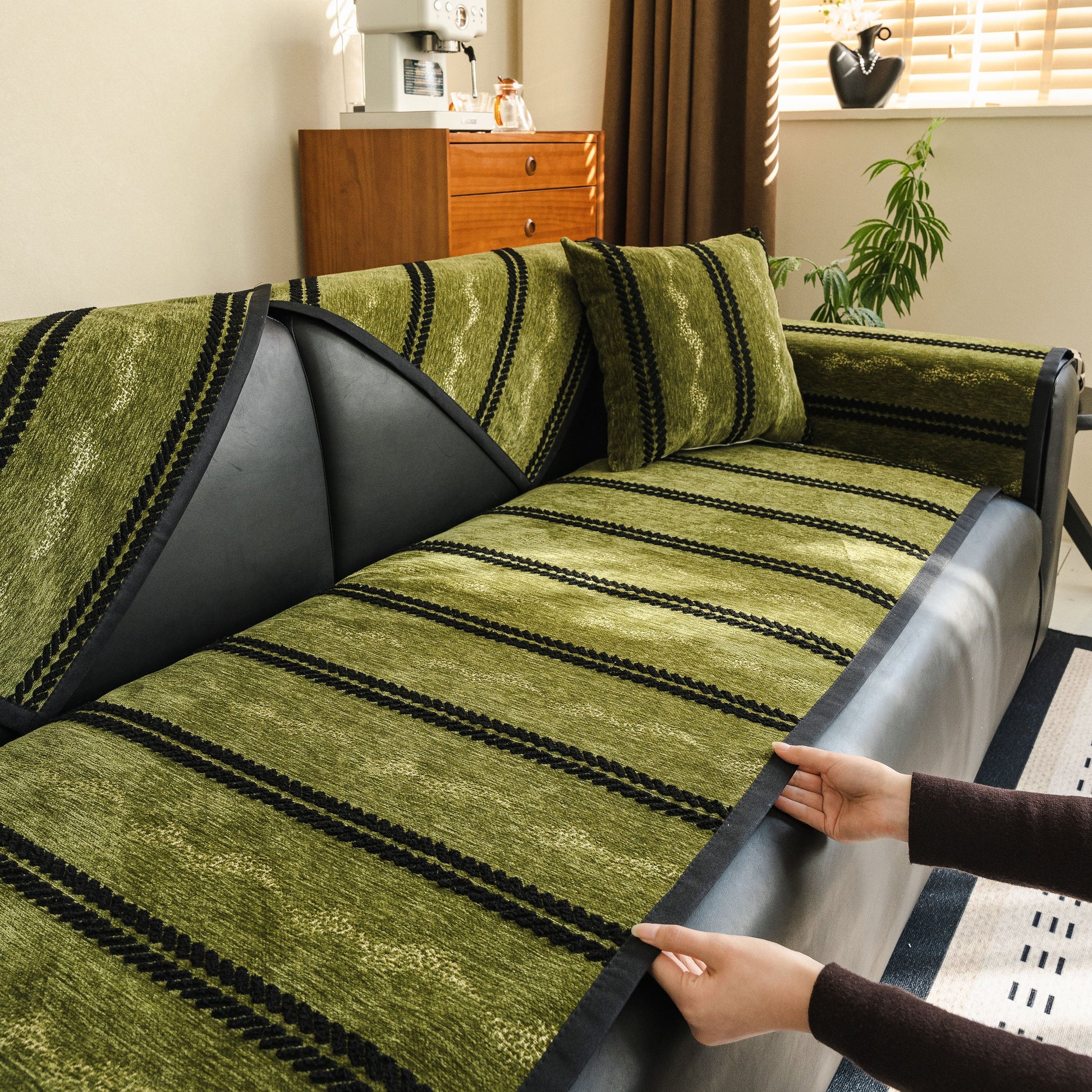 Green Non-Slip Sofa Cover with Thick Chenille Texture Woven Stripe Couch Protector Throw on modern black sofa