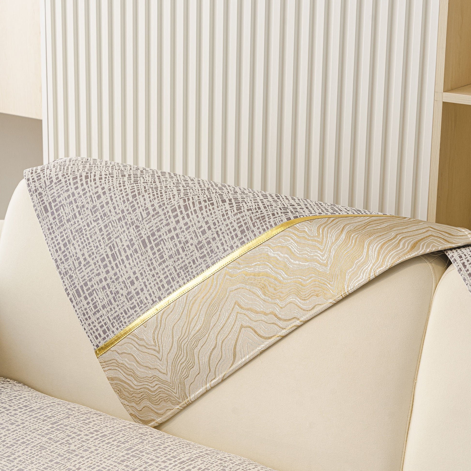 Modern Non-Slip Couch Slipcover, Soft, Durable & Washable Furniture Protector with gold marble trim on chenille fabric