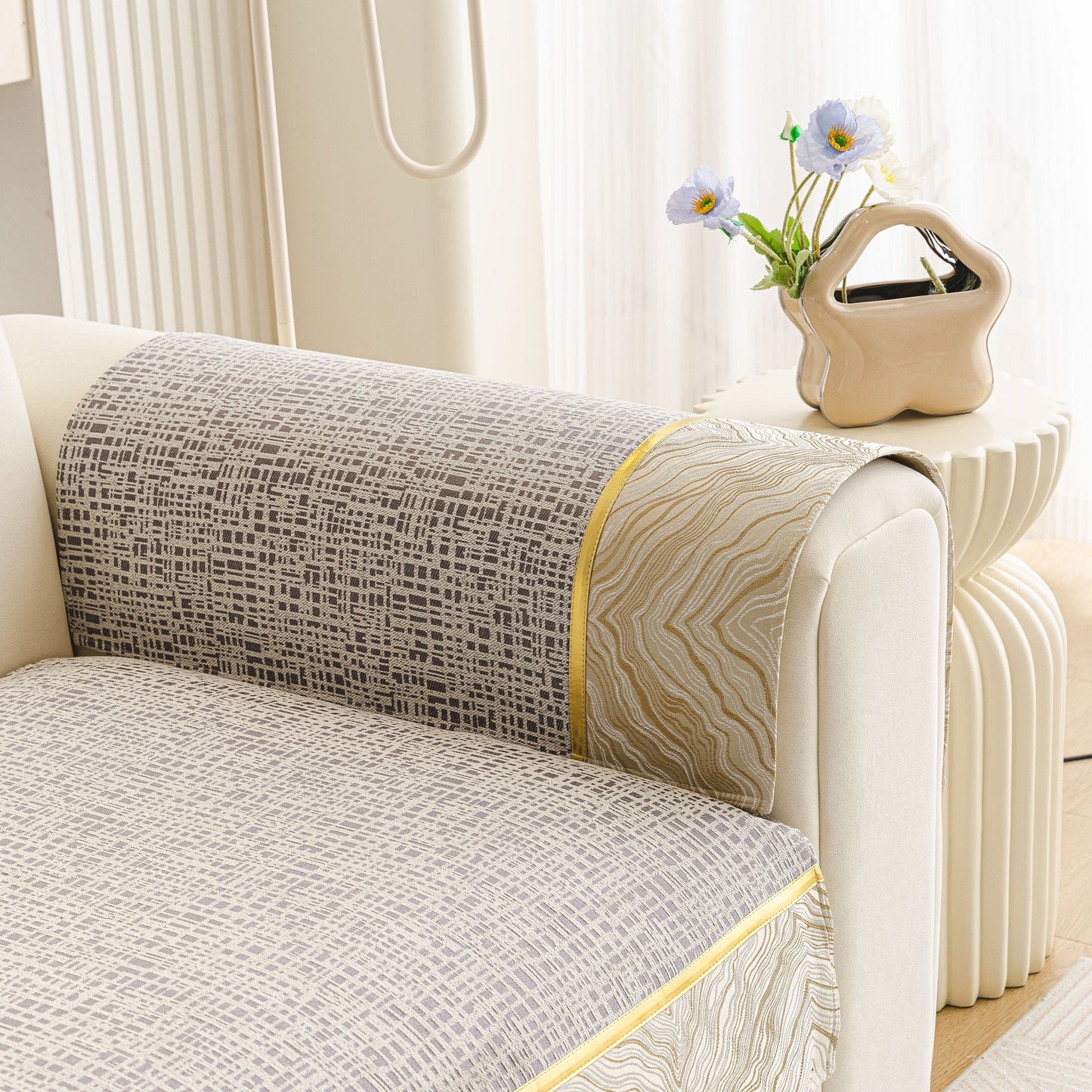 Modern Non-Slip Couch Slipcover, Soft, Durable & Washable Furniture Protector with chenille fabric and gold marble-style trim