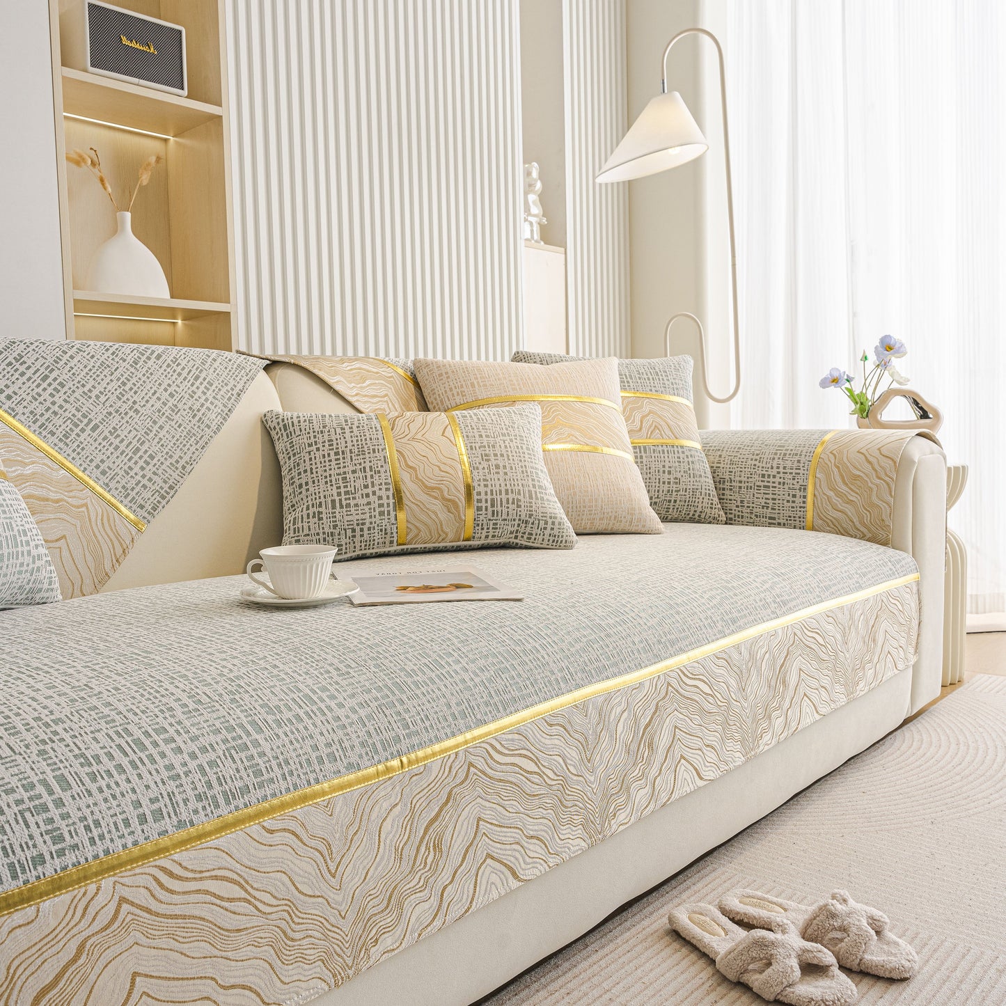 Modern Non-Slip Couch Slipcover, Soft, Durable & Washable Furniture Protector with chenille fabric and gold marble-style trim on sofa
