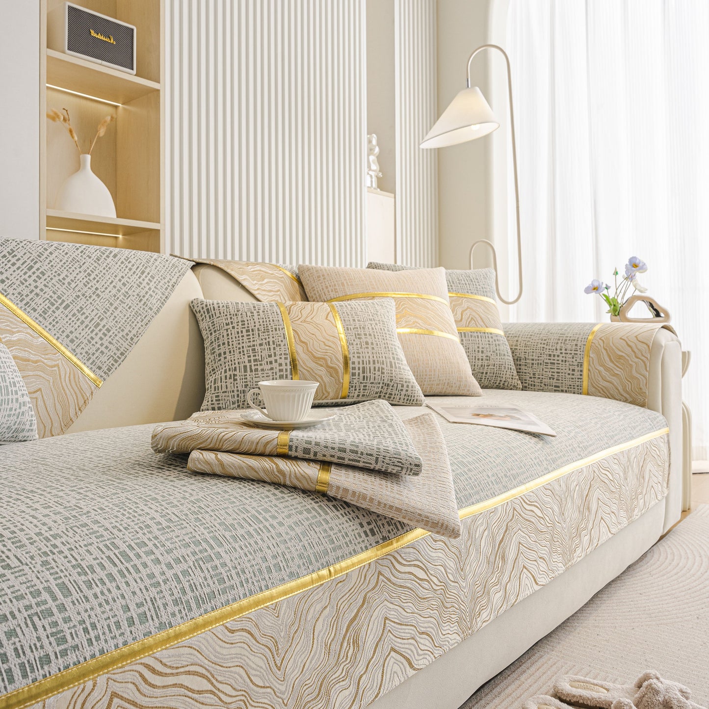 Modern Non-Slip Couch Slipcover, Soft, Durable & Washable Furniture Protector with gold marble trim on sofa
