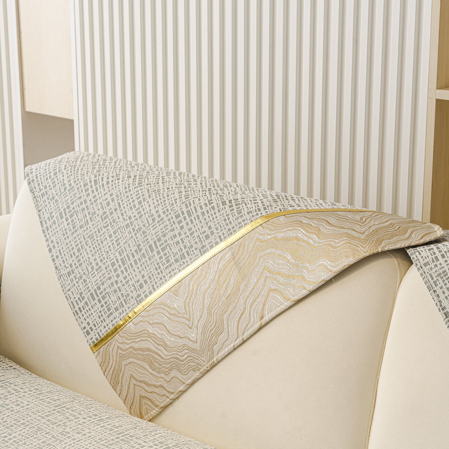 Modern Non-Slip Couch Slipcover, Soft, Durable & Washable Furniture Protector with gold marble-style trim on sofa