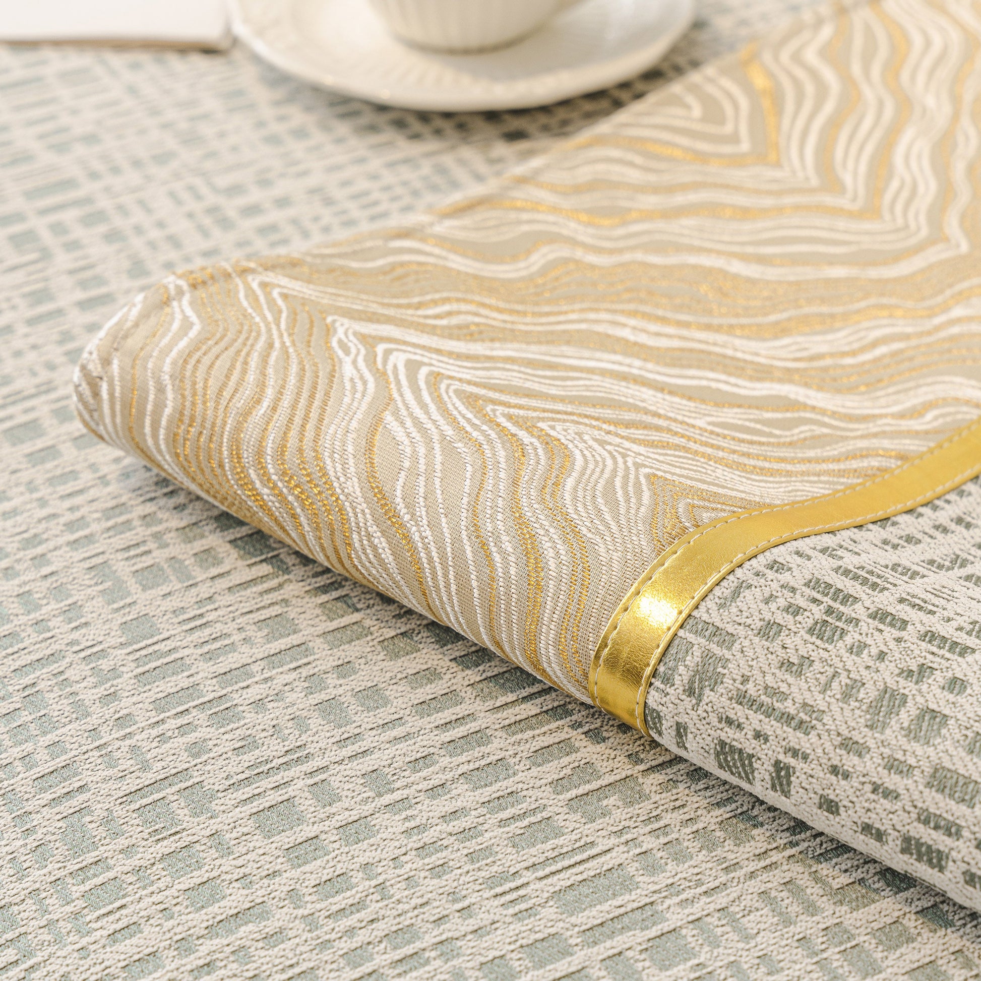 Modern Non-Slip Couch Slipcover, Soft, Durable & Washable Furniture Protector with gold marble-style trim on chenille fabric