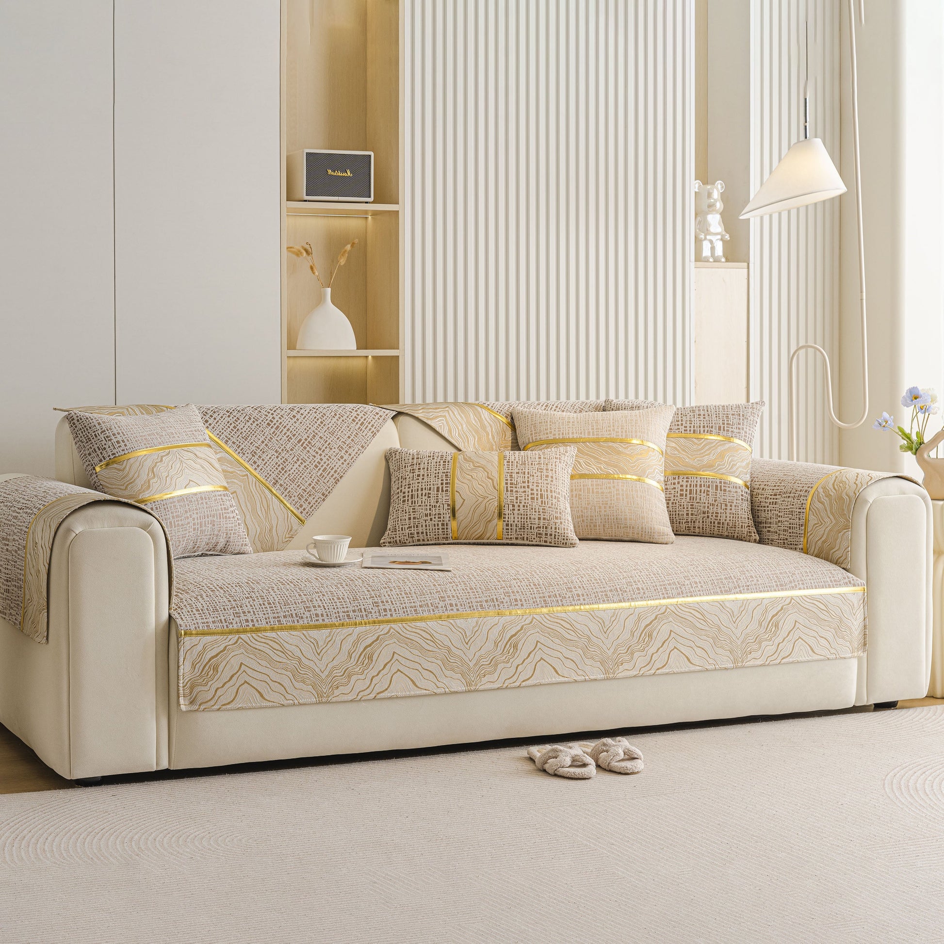 Modern Non-Slip Couch Slipcover, Soft, Durable & Washable Furniture Protector on a sofa in a contemporary living room.