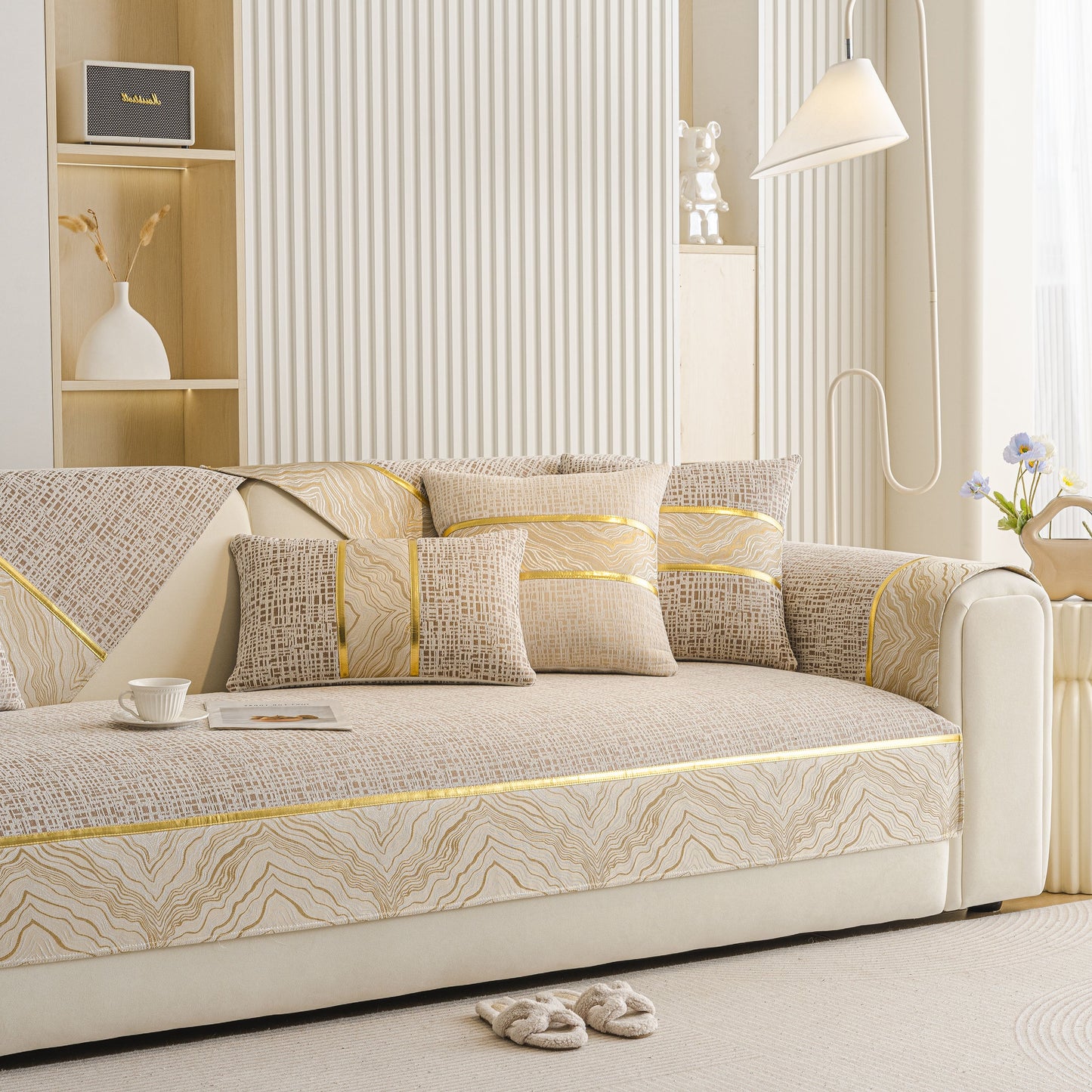 Modern Non-Slip Couch Slipcover, Soft, Durable & Washable Furniture Protector on a stylish sofa with gold marble trim