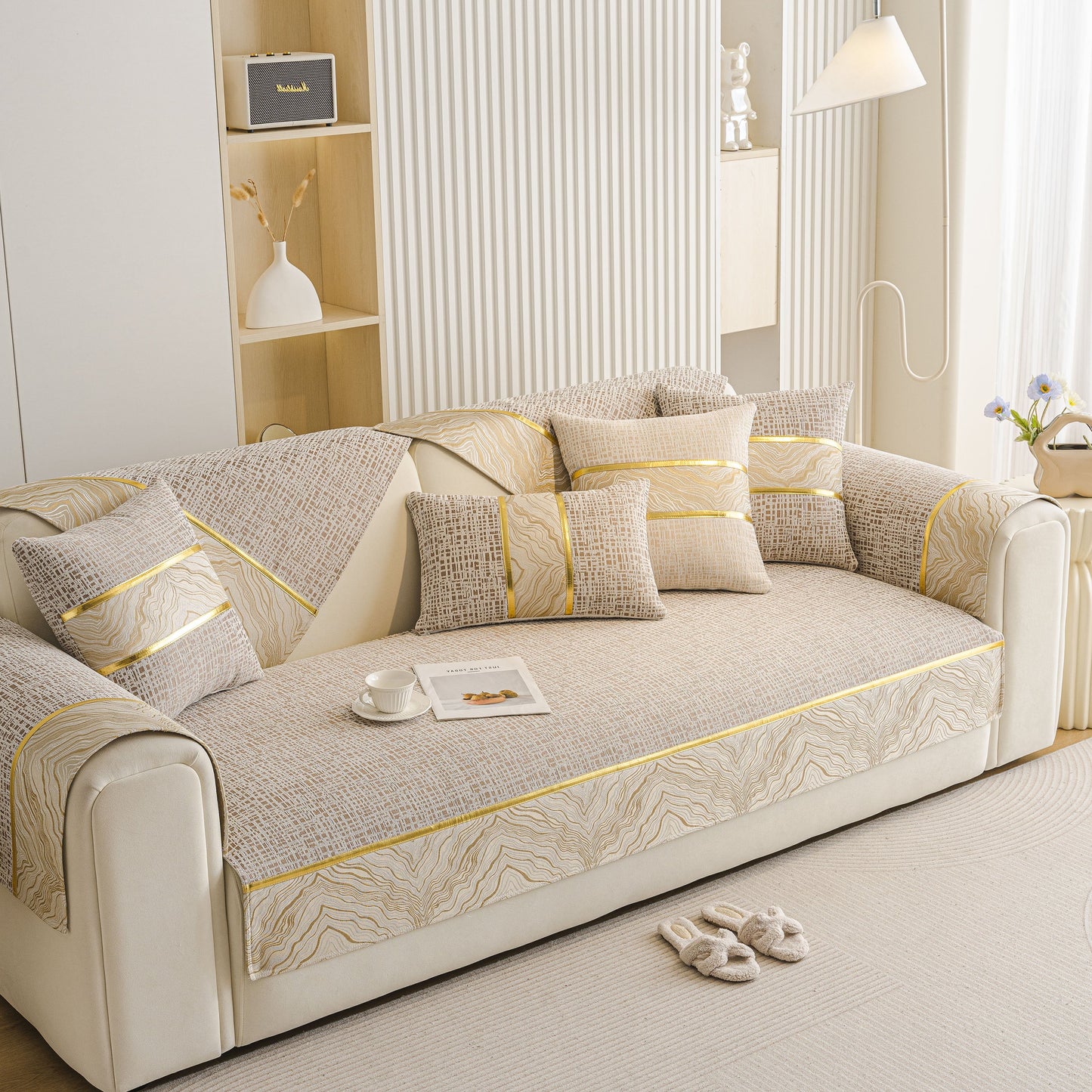 Modern Non-Slip Couch Slipcover, Soft, Durable & Washable Furniture Protector with gold marble-style trim on sofa