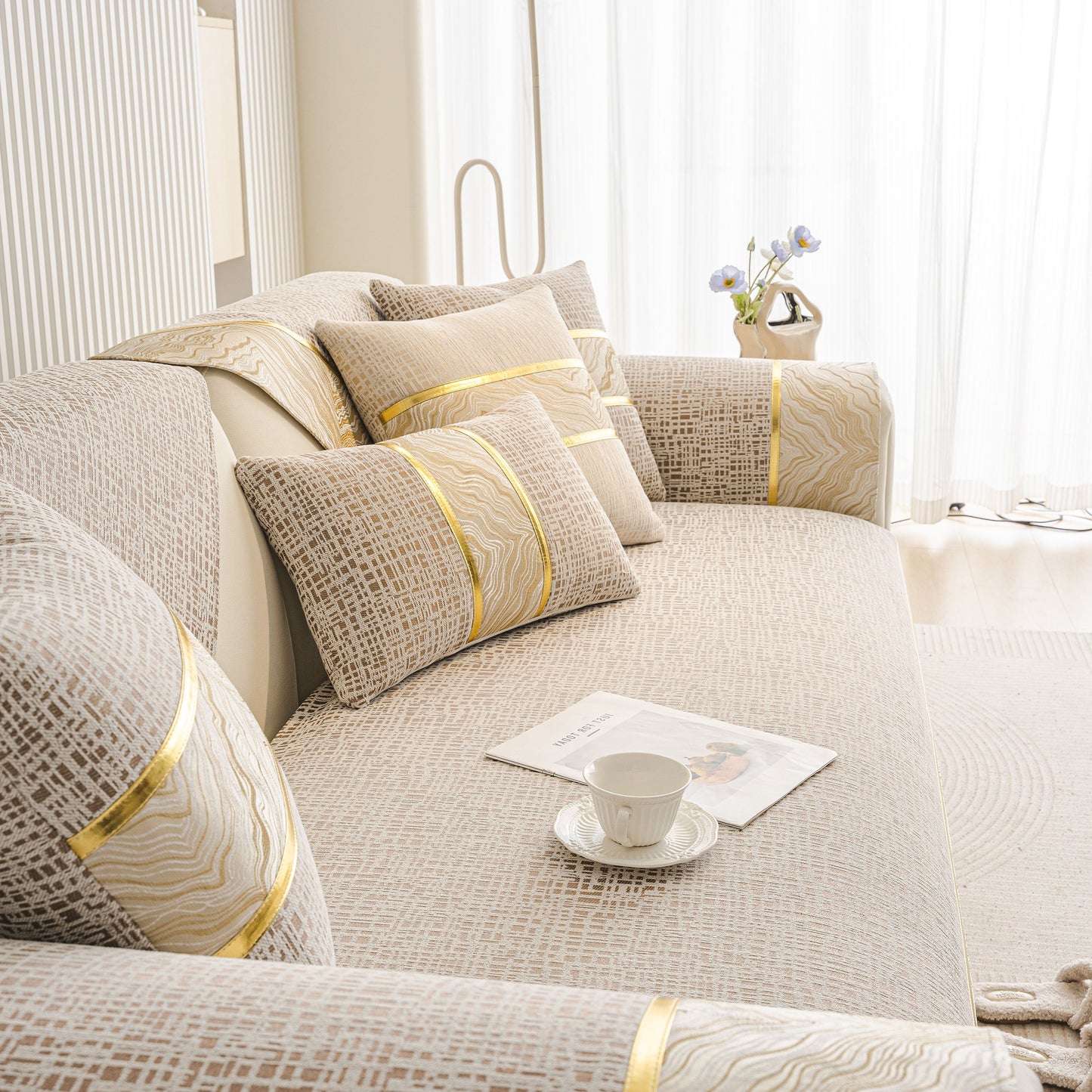Modern Non-Slip Couch Slipcover, Soft, Durable & Washable Furniture Protector on chenille sofa with gold marble-style trim