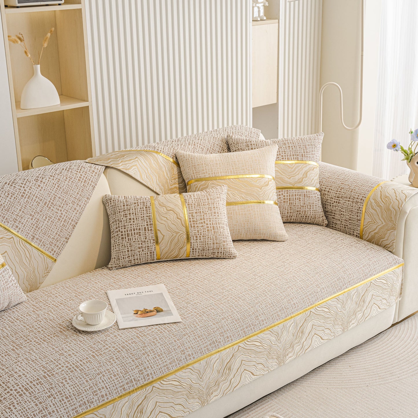 Modern Non-Slip Couch Slipcover, Soft, Durable & Washable Furniture Protector with gold marble trim on chenille sofa