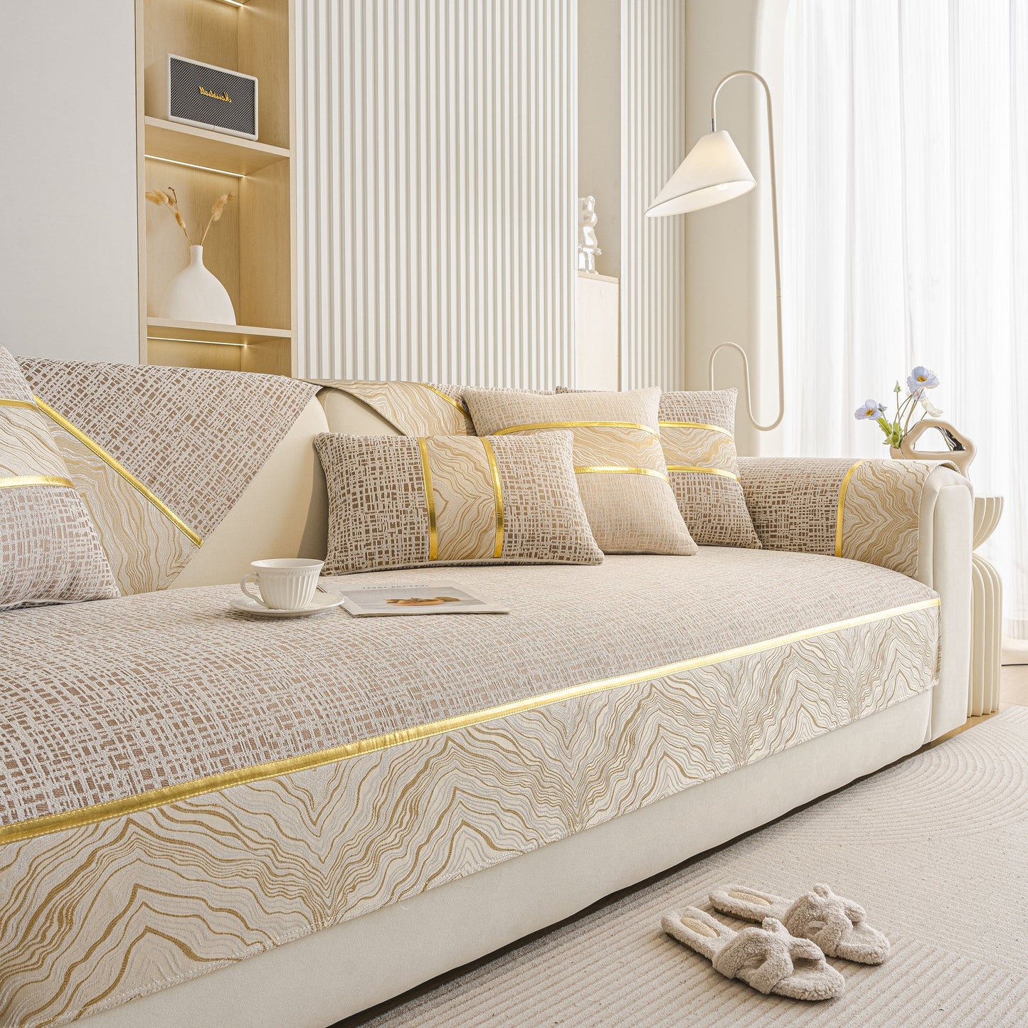 Modern Non-Slip Couch Slipcover, Soft, Durable & Washable Furniture Protector with marble-style trim on sofa.