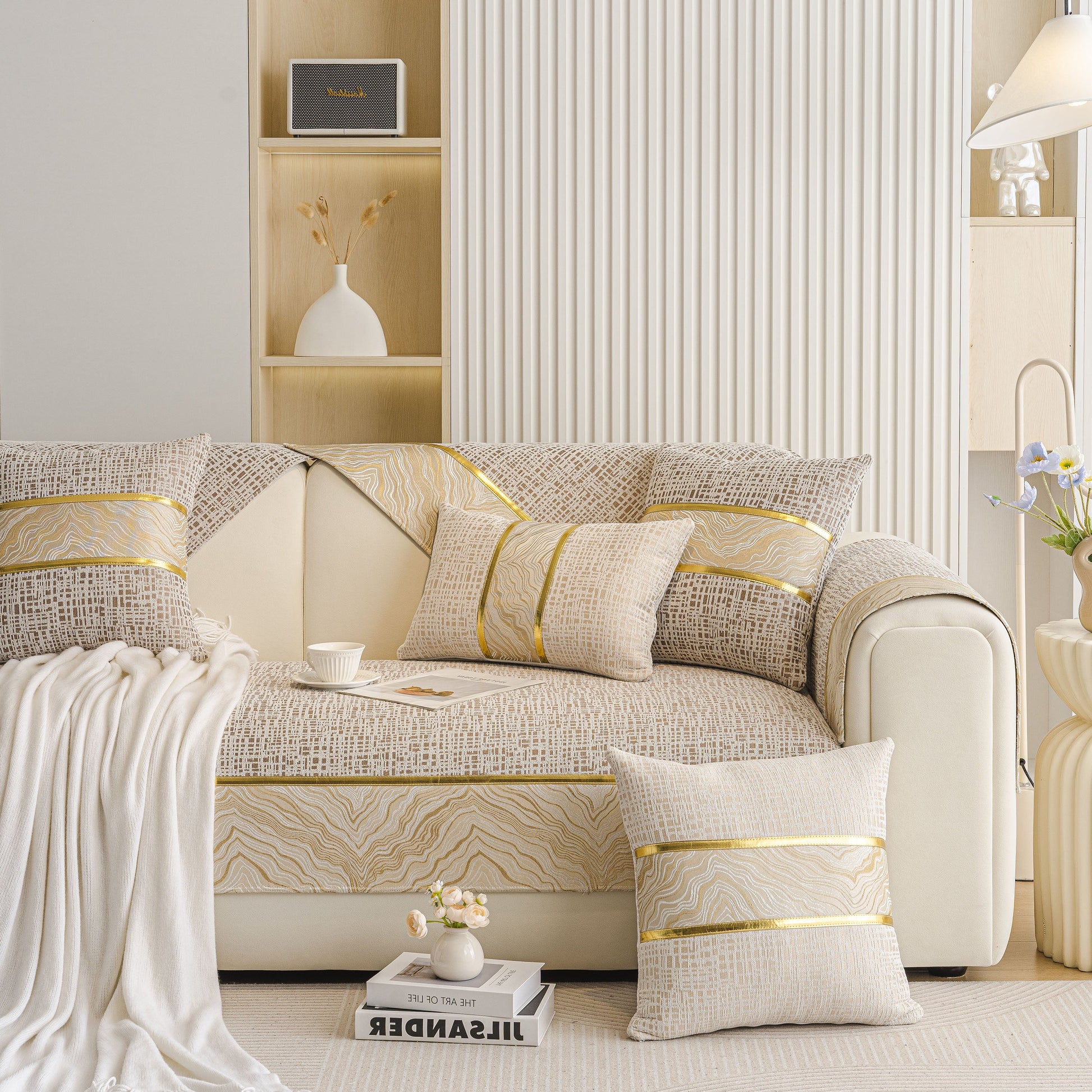 Modern Non-Slip Couch Slipcover, Soft, Durable & Washable Furniture Protector with gold marble-style trim and chenille fabric.