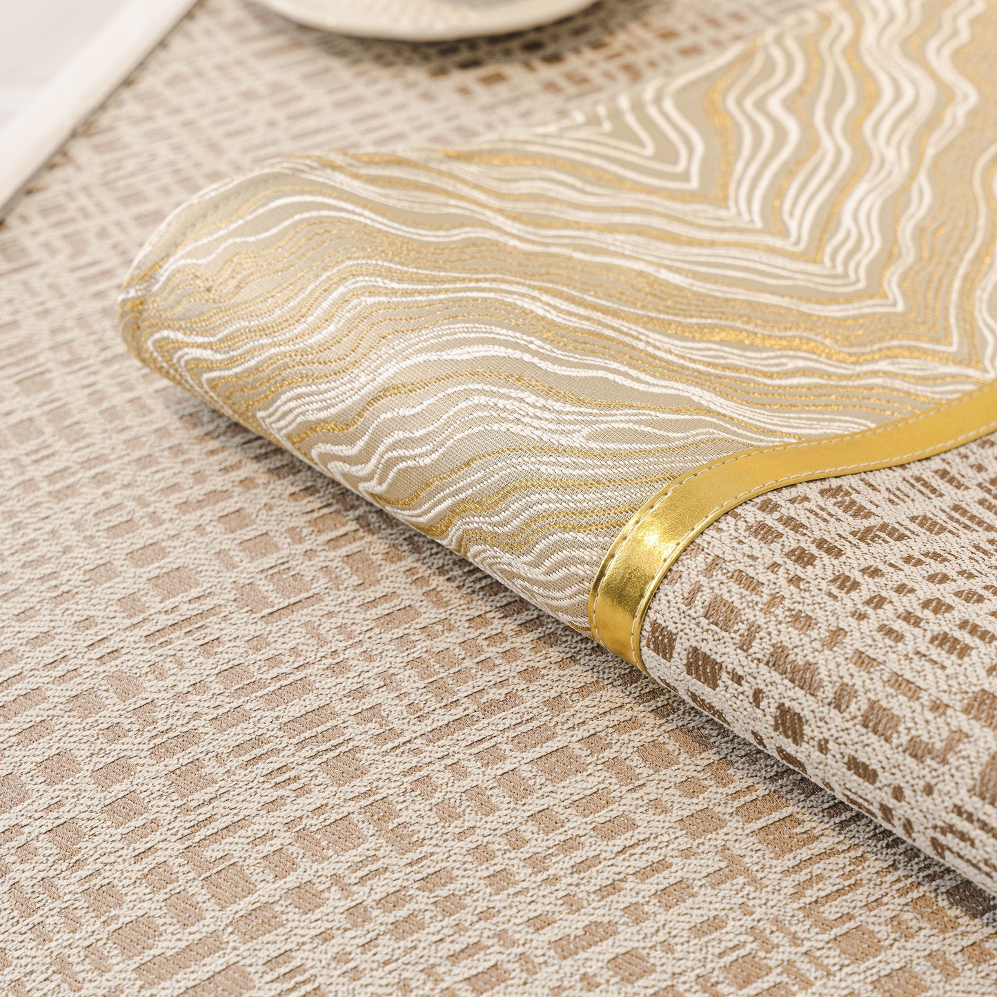 Modern Non-Slip Couch Slipcover, Soft, Durable & Washable Furniture Protector with gold marble-style trim and chenille fabric.