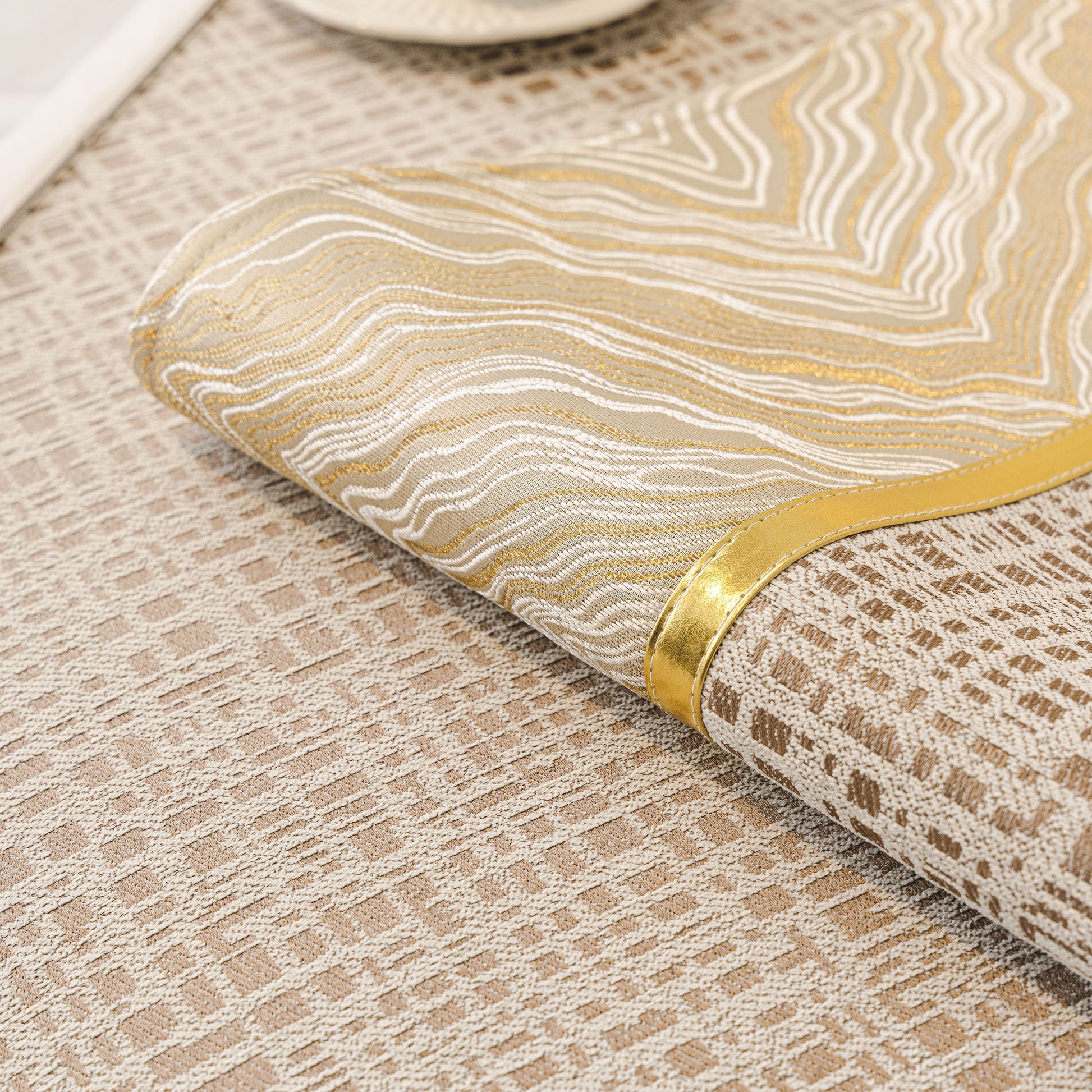 Modern Non-Slip Couch Slipcover, Soft, Durable & Washable Furniture Protector with gold marble-style trim and chenille fabric.