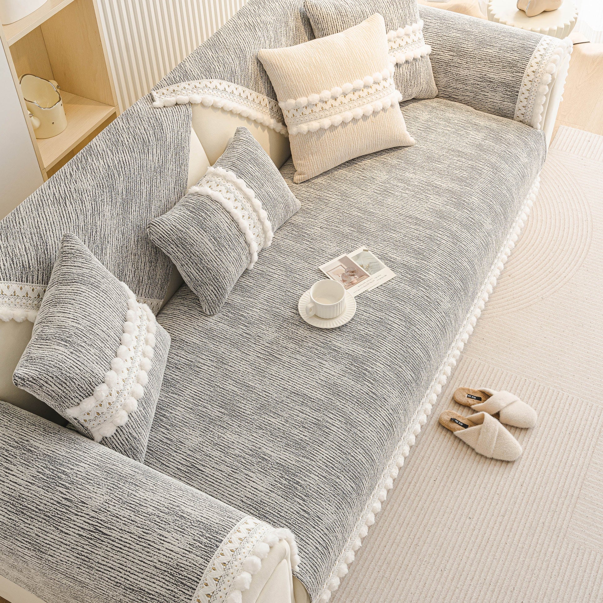 Soft Chenille Sectional Sofa Cover with Pom Pom Trim – Non-Slip Couch Protector on modern sofa with decorative pillows