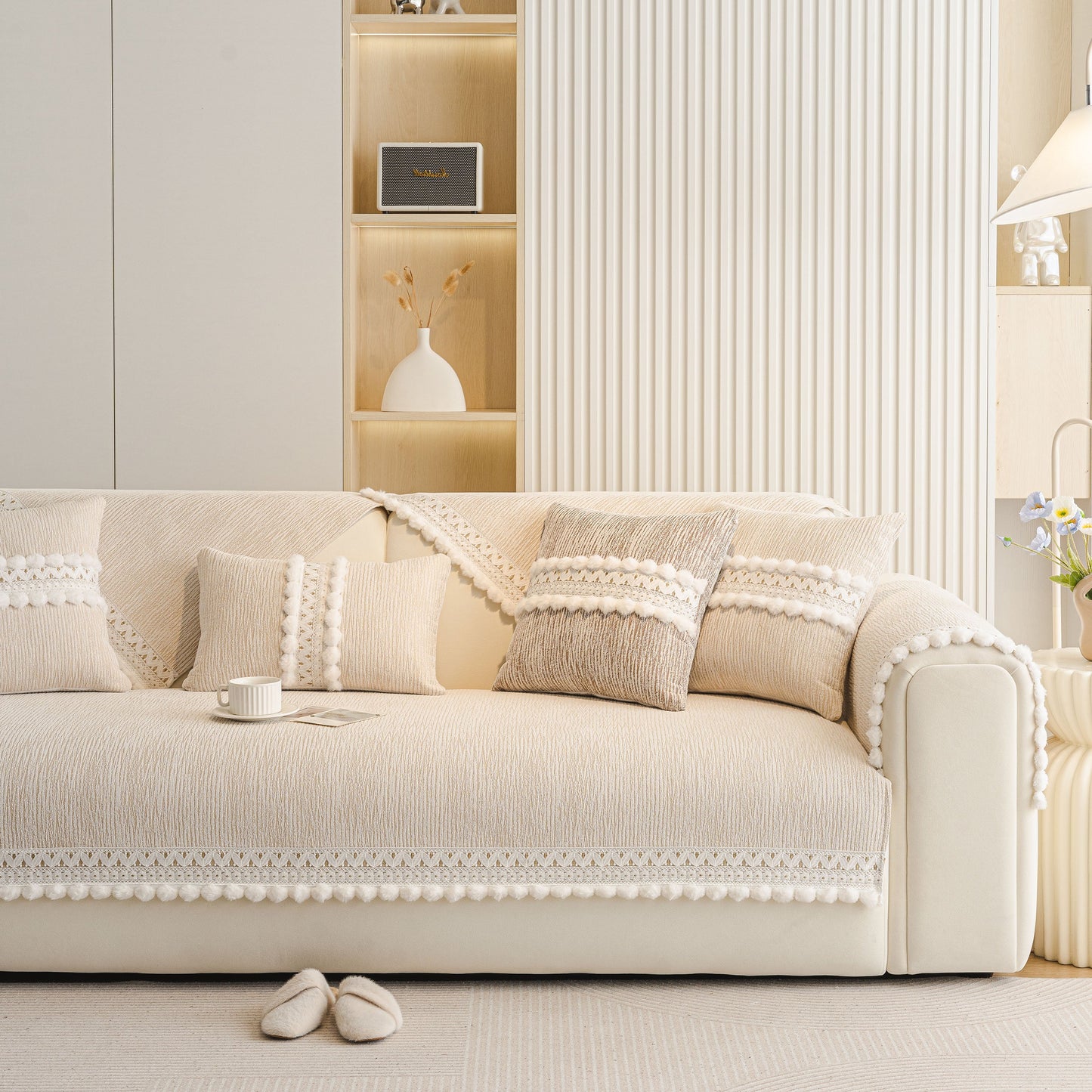 Soft Chenille Sectional Sofa Cover with Pom Pom Trim – Non-Slip Couch Protector on modern living room sofa