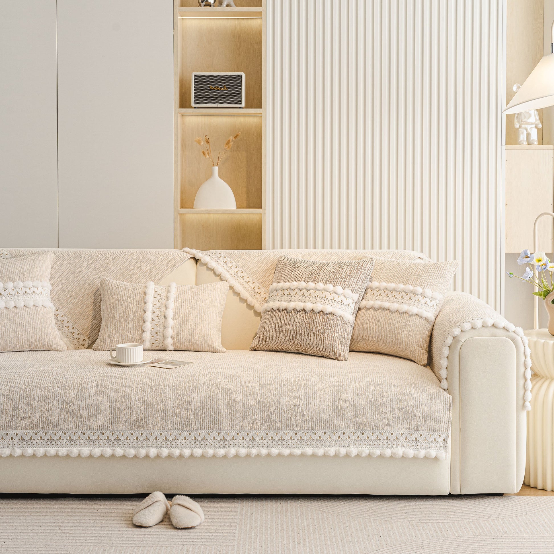 Soft Chenille Sectional Sofa Cover with Pom Pom Trim – Non-Slip Couch Protector on modern living room sofa
