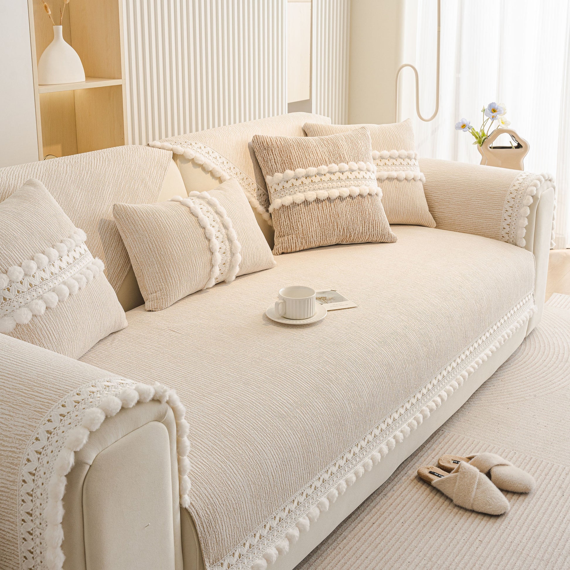 Soft Chenille Sectional Sofa Cover with Pom Pom Trim – Non-Slip Couch Protector in modern living room setting