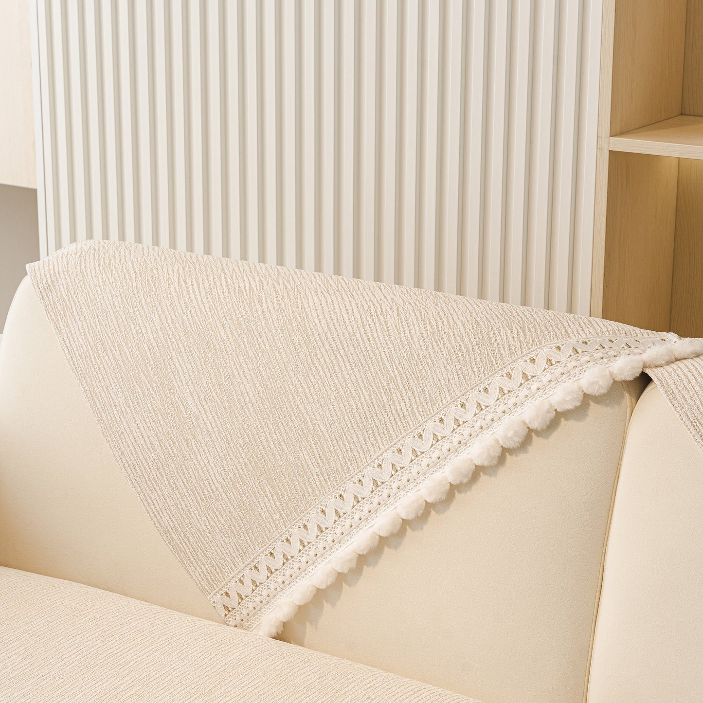 Soft Chenille Sectional Sofa Cover with Pom Pom Trim – Non-Slip Couch Protector featuring decorative lace and pom pom fringe.